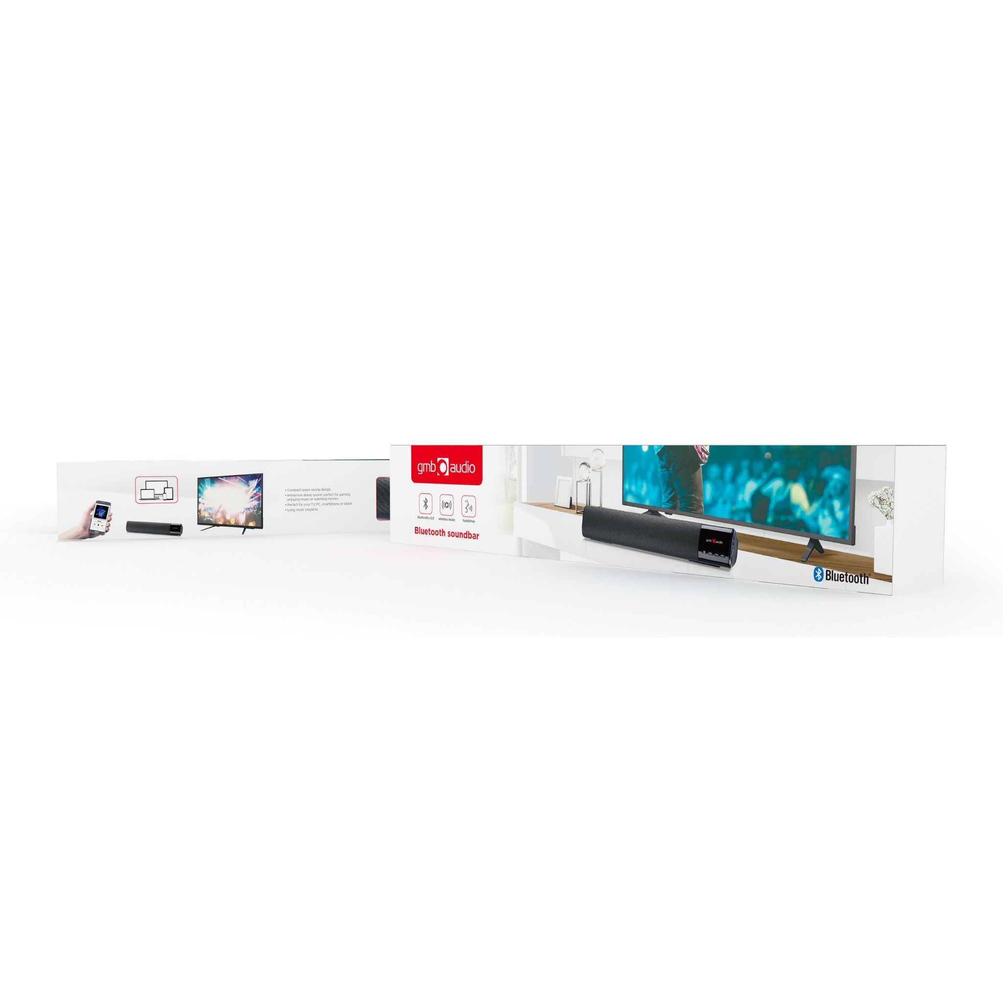 Eine Bluetooth-Soundbar und ein Fernseher befinden sich auf weißem Hintergrund. Die Soundbar ist schwarz.
