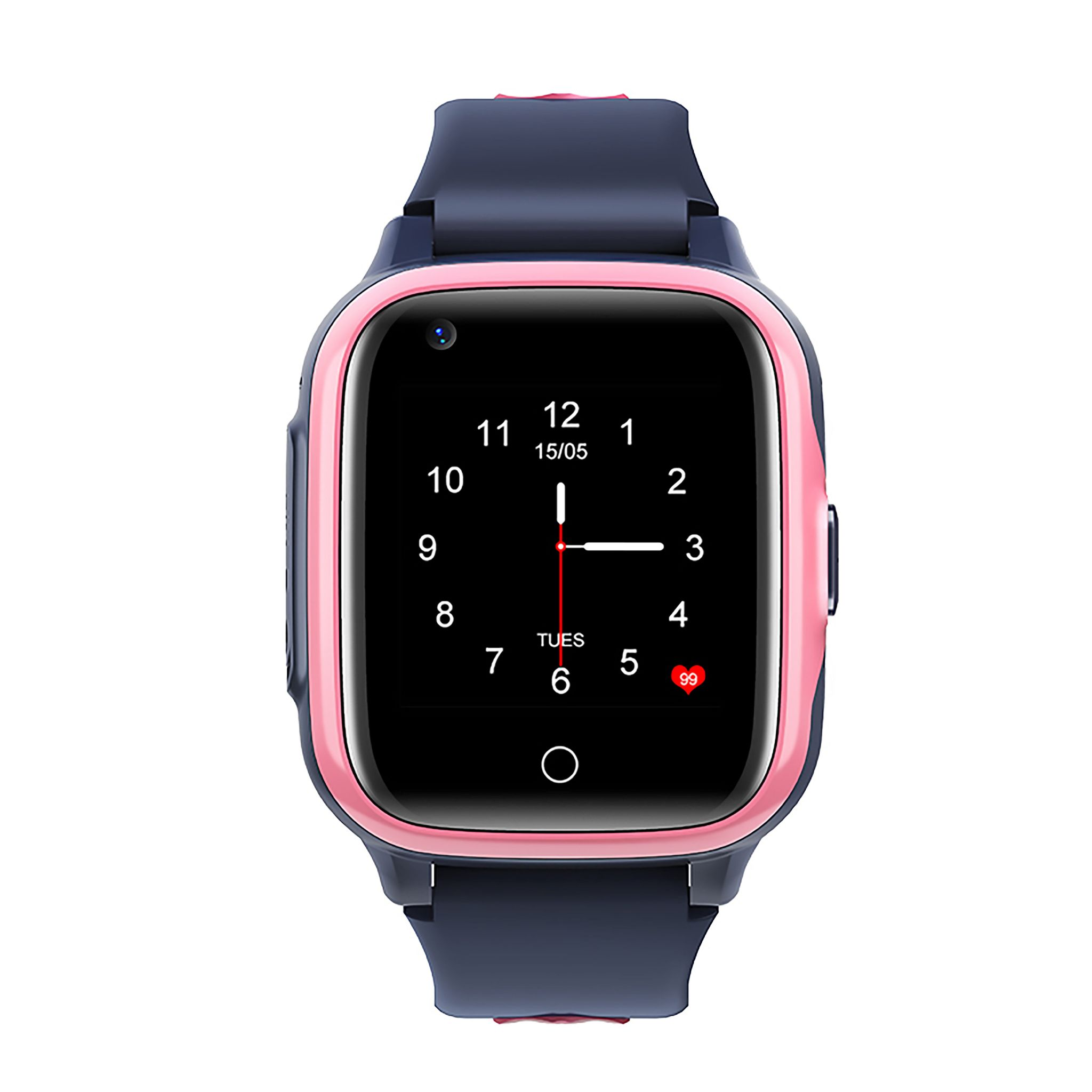 Smartwatch con cornice rosa e cinturino blu. Vengono visualizzati l'ora e la frequenza cardiaca.