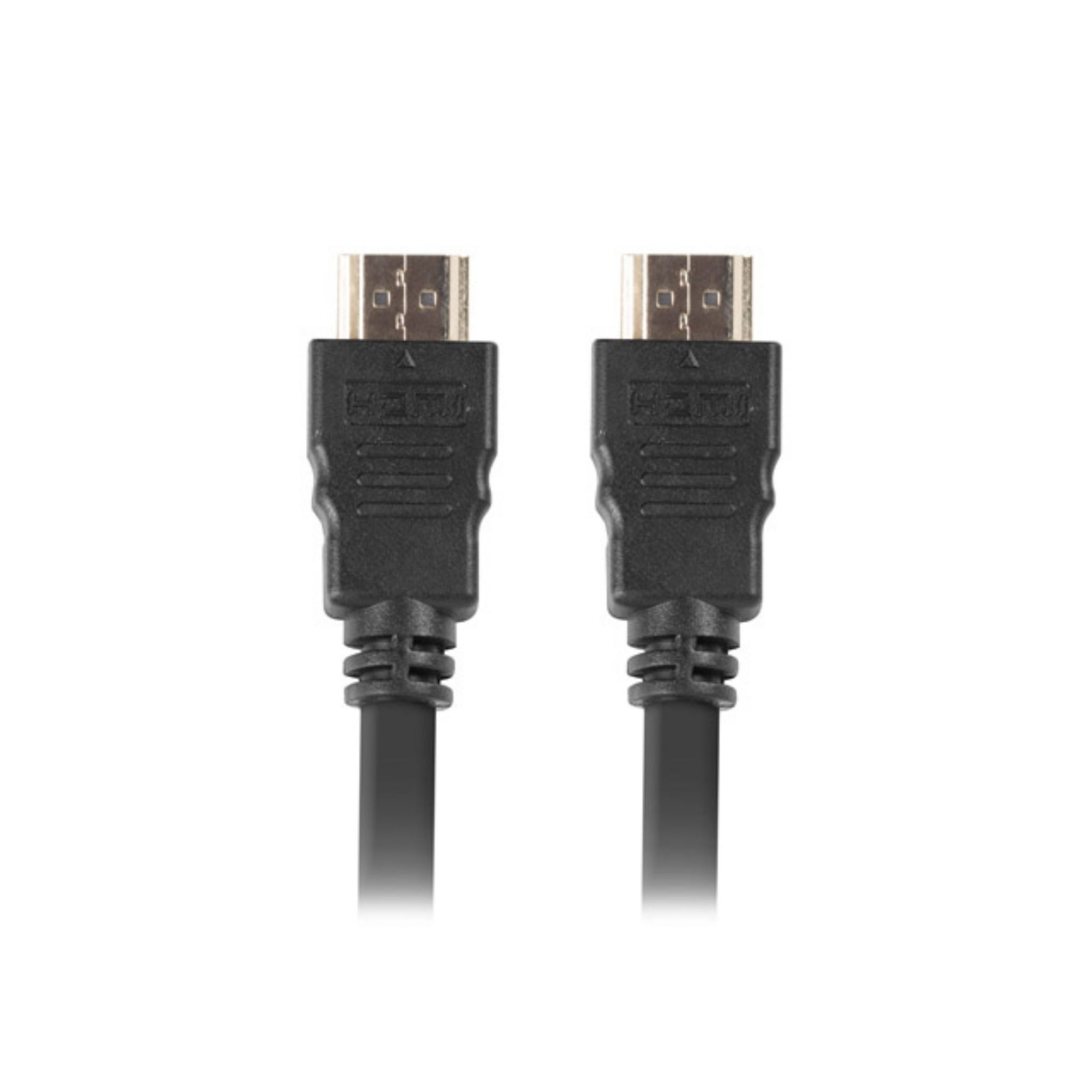Dos cables HDMI negros con conectores negros, aislados en blanco.