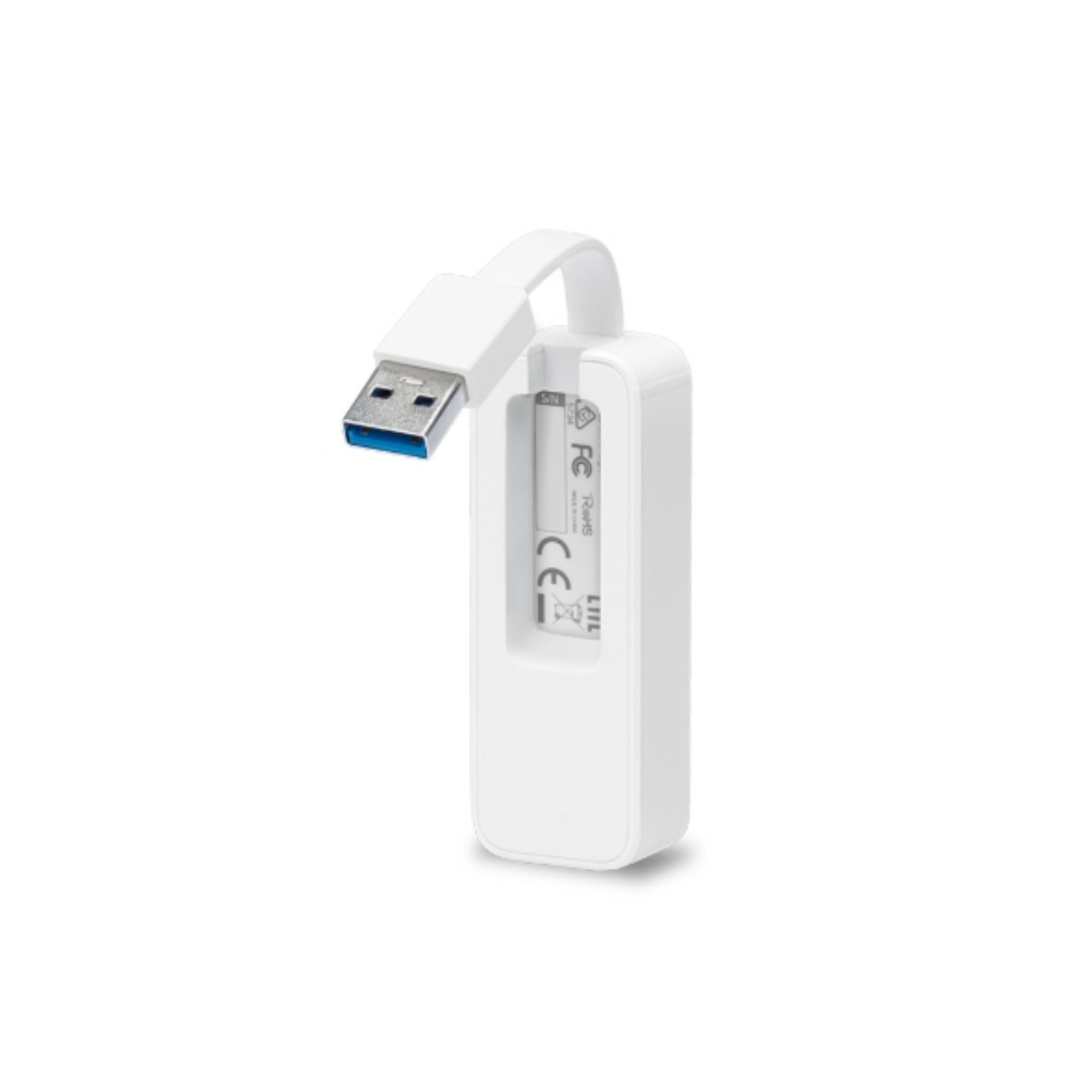 White USB adapter with a blue USB connector, and a white background.