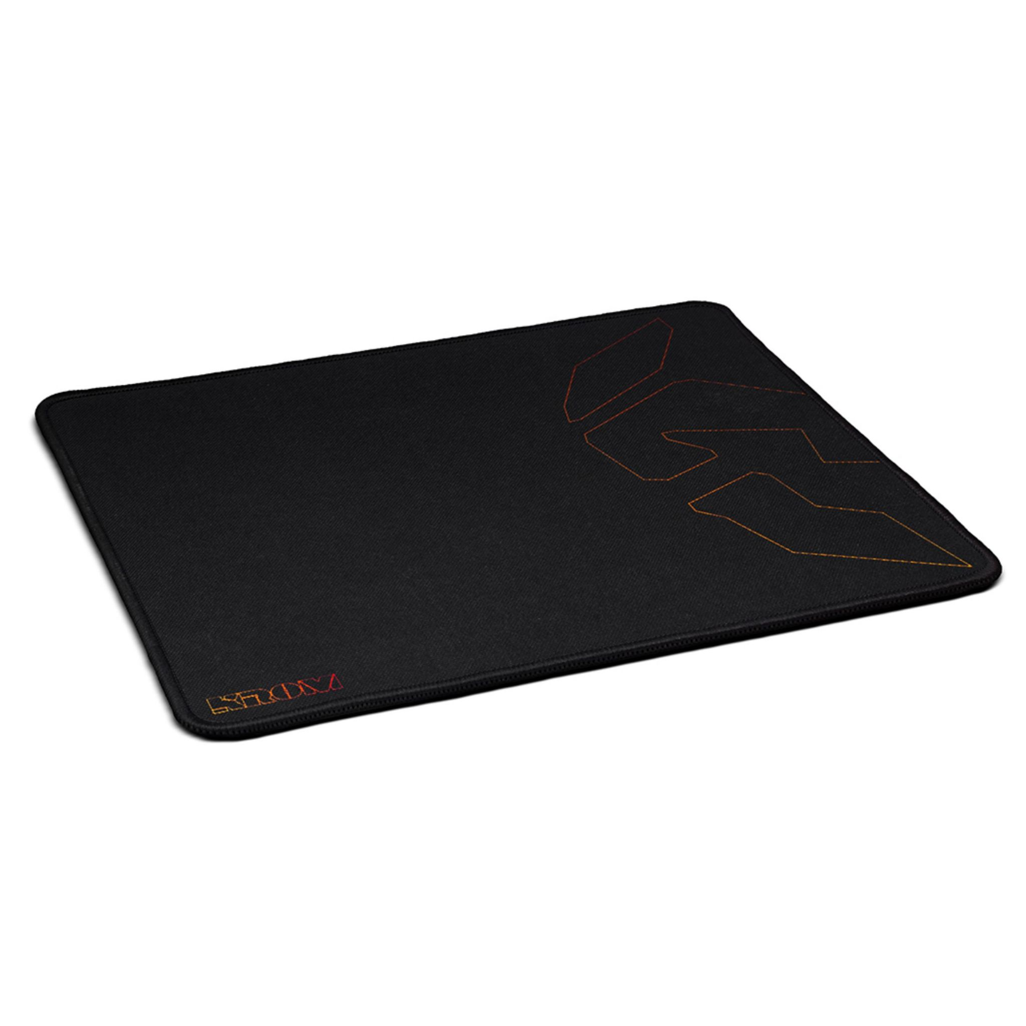 Alfombrilla negra con logo naranja. Fondo blanco.