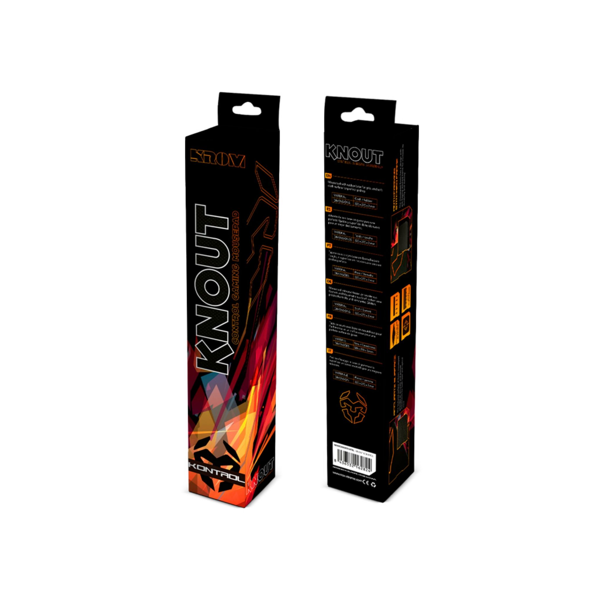 Dos cajas Knoout. Gráficos negros y naranjas con texto. Las cajas están de pie.