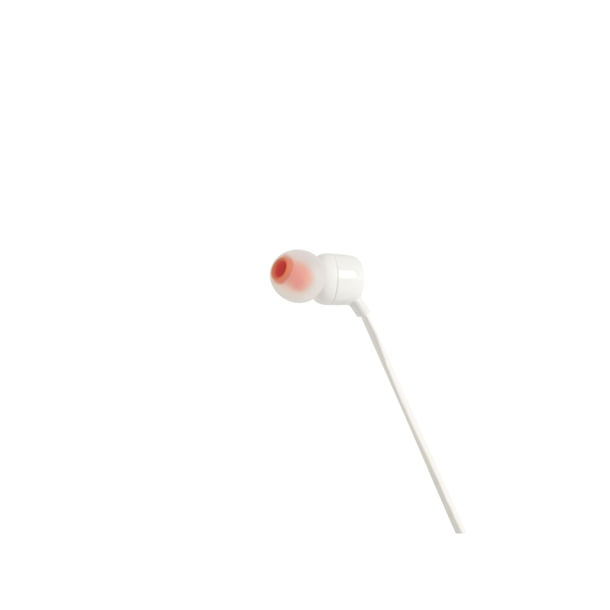 Witte oordopjes met een rood puntig oordopje, op een witte achtergrond.