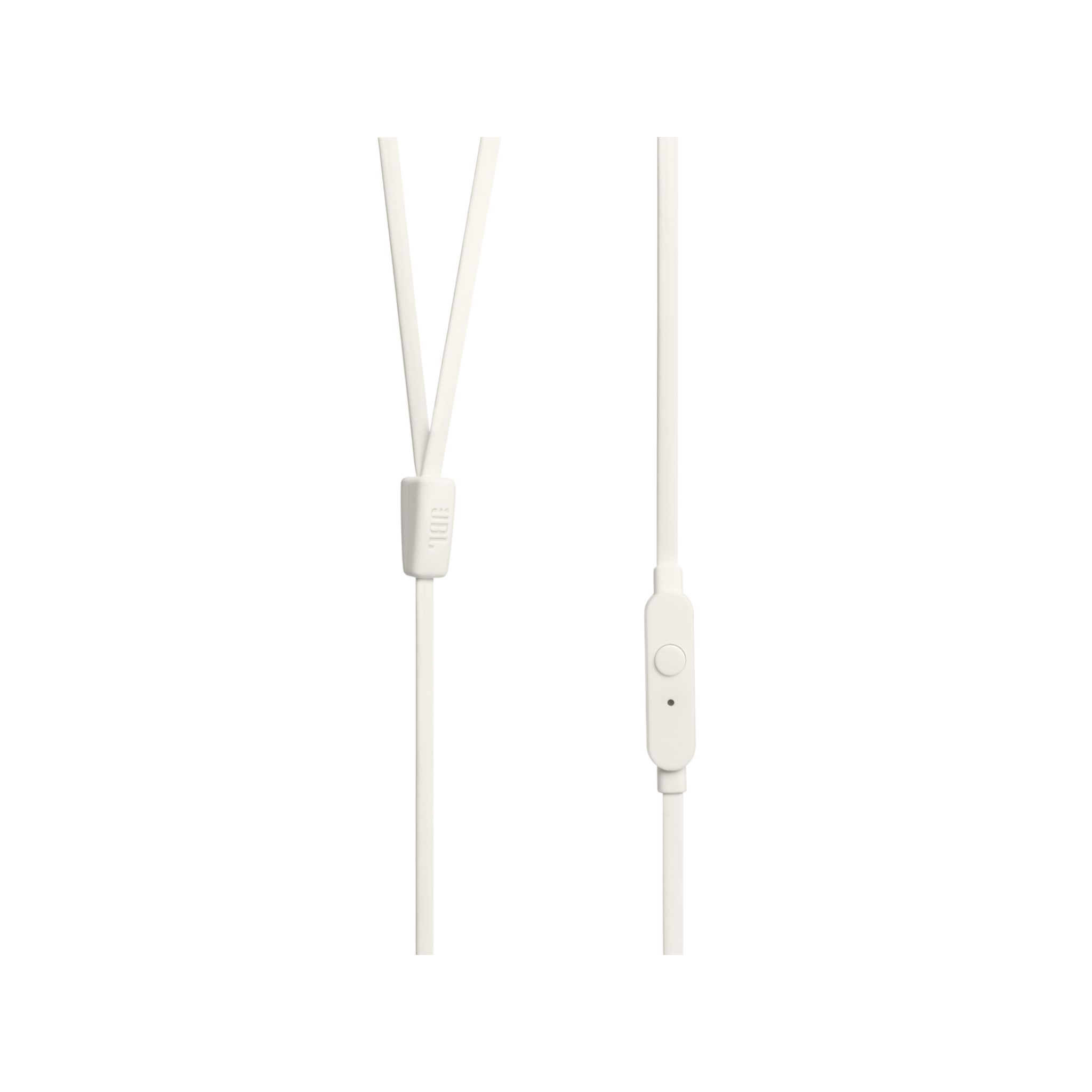 Witte JBL oortelefoons met een afstandsbediening. Twee aparte witte draden, witte achtergrond.