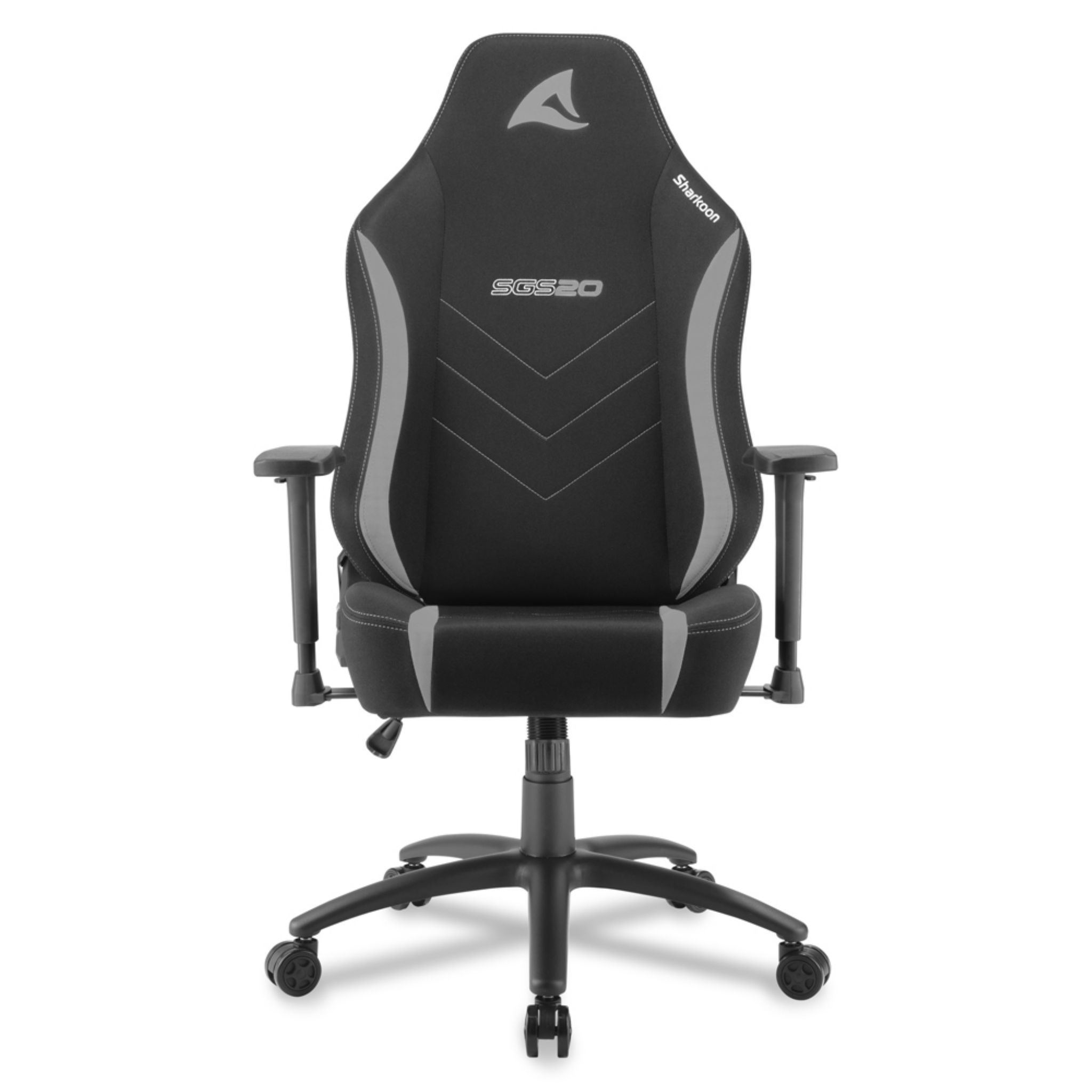 Silla gaming negra con detalles grises. Visible la marca 'Sharkoon'.