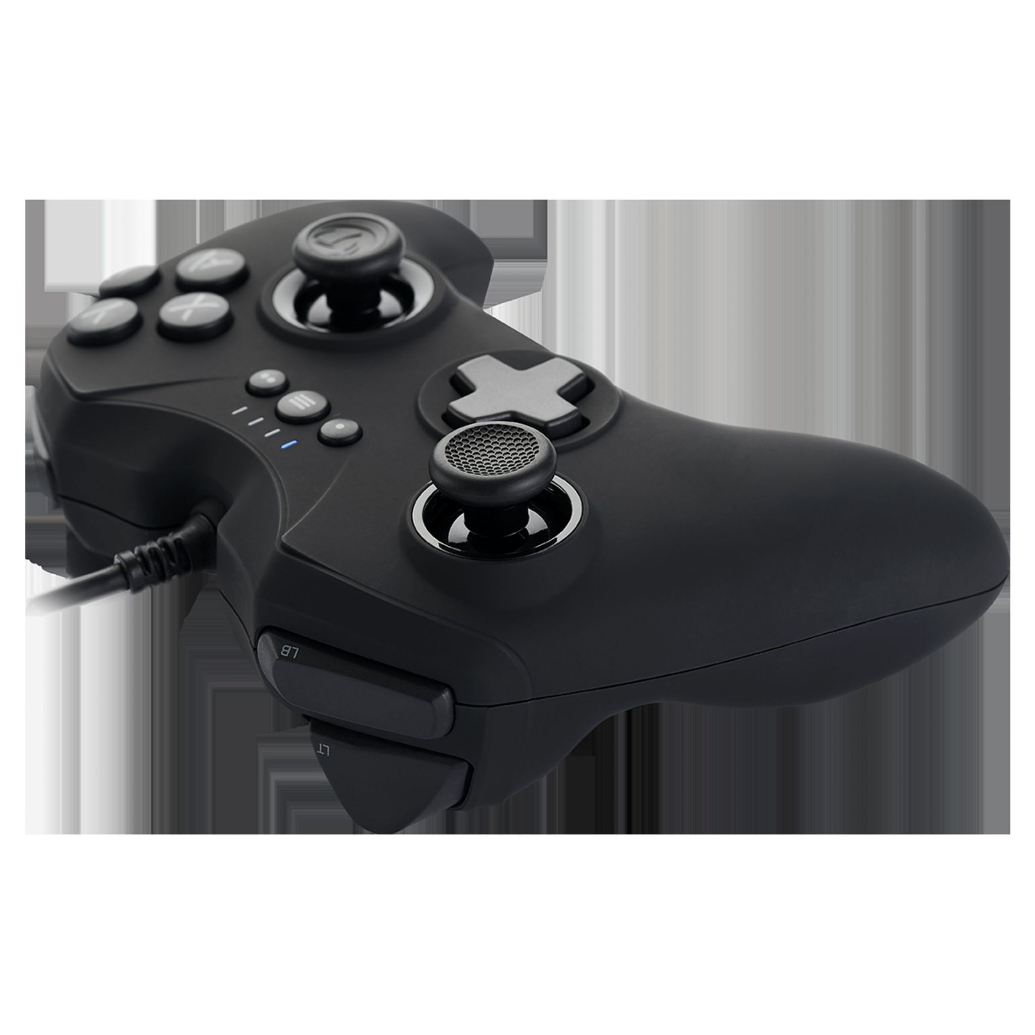 Gamepad nero. Sono visibili diversi pulsanti e un joystick.