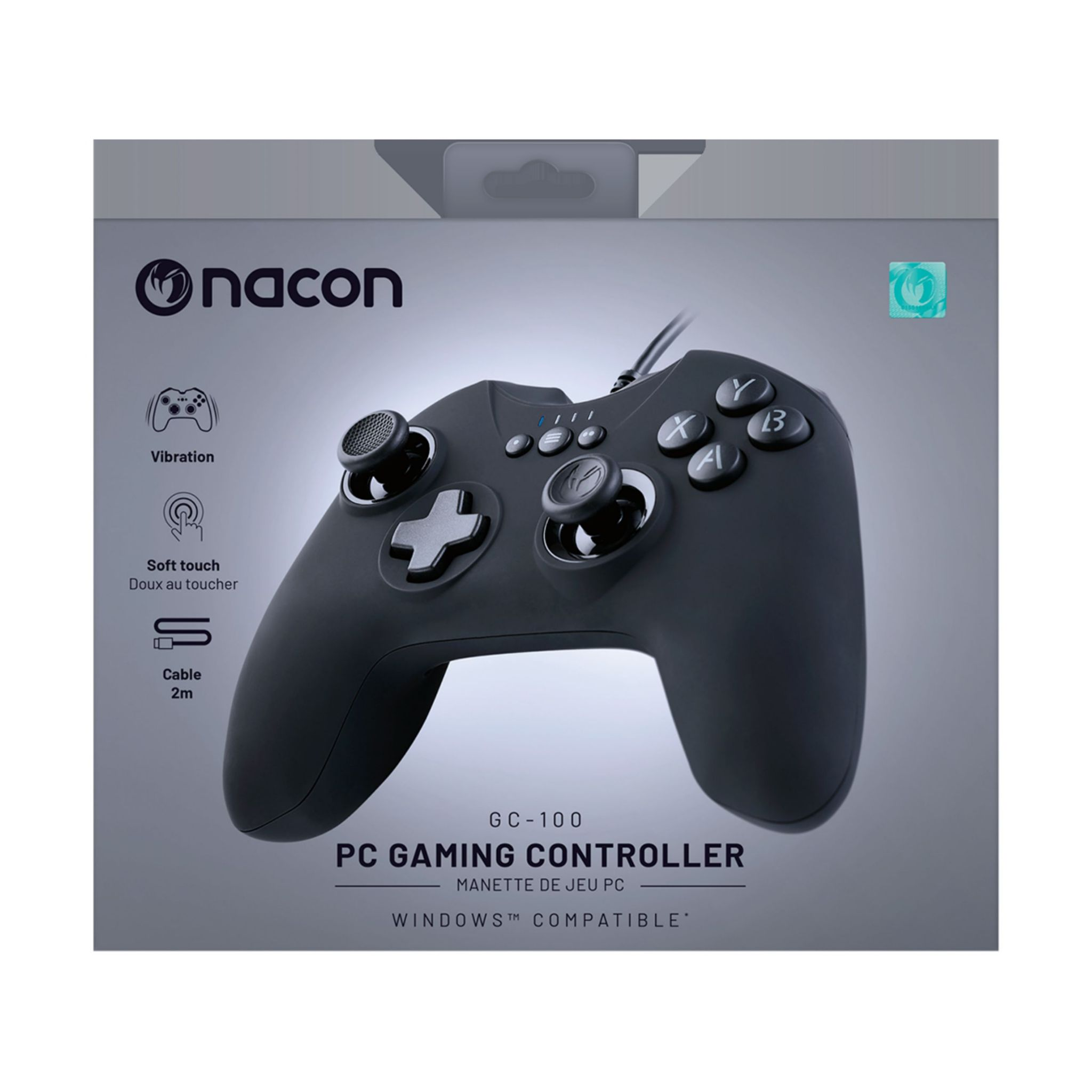 Controller di gioco per PC Nacon GC-100 nero su una scatola. Con vibrazione e soft touch. Include un cavo da 2 m.