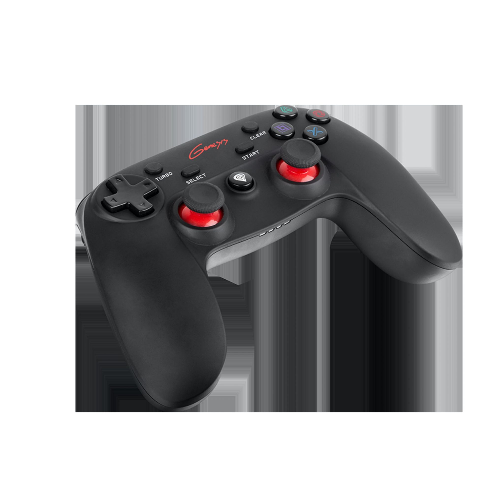 Czarny gamepad z czerwonymi przyciskami i joystickami, na czarnym tle.