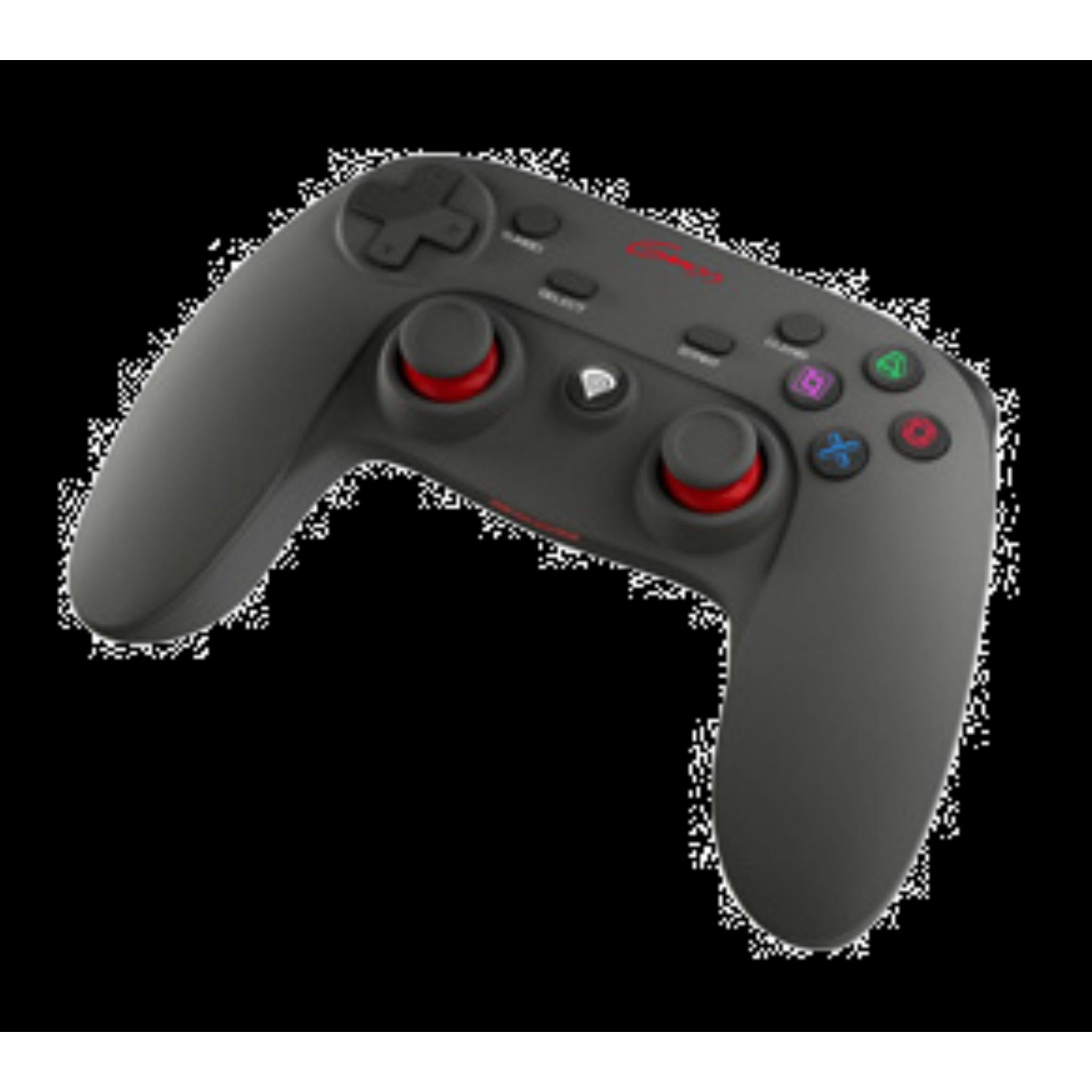 Czarny gamepad z przyciskami i czerwonymi detalami. Ukośnie na czarnym tle.