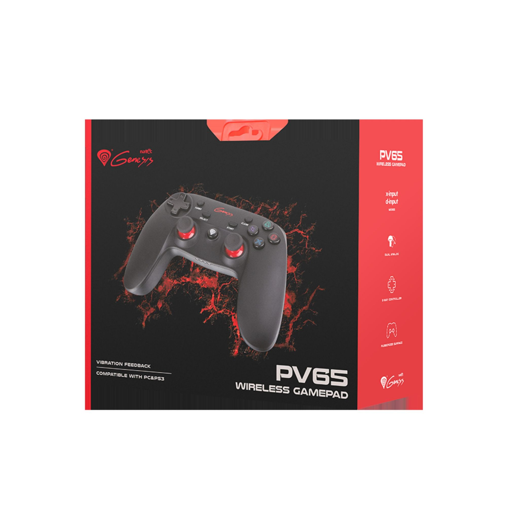 Pudełko z gamepadem z gamepadem. Pudełko jest czerwono-czarne. Białe tło.