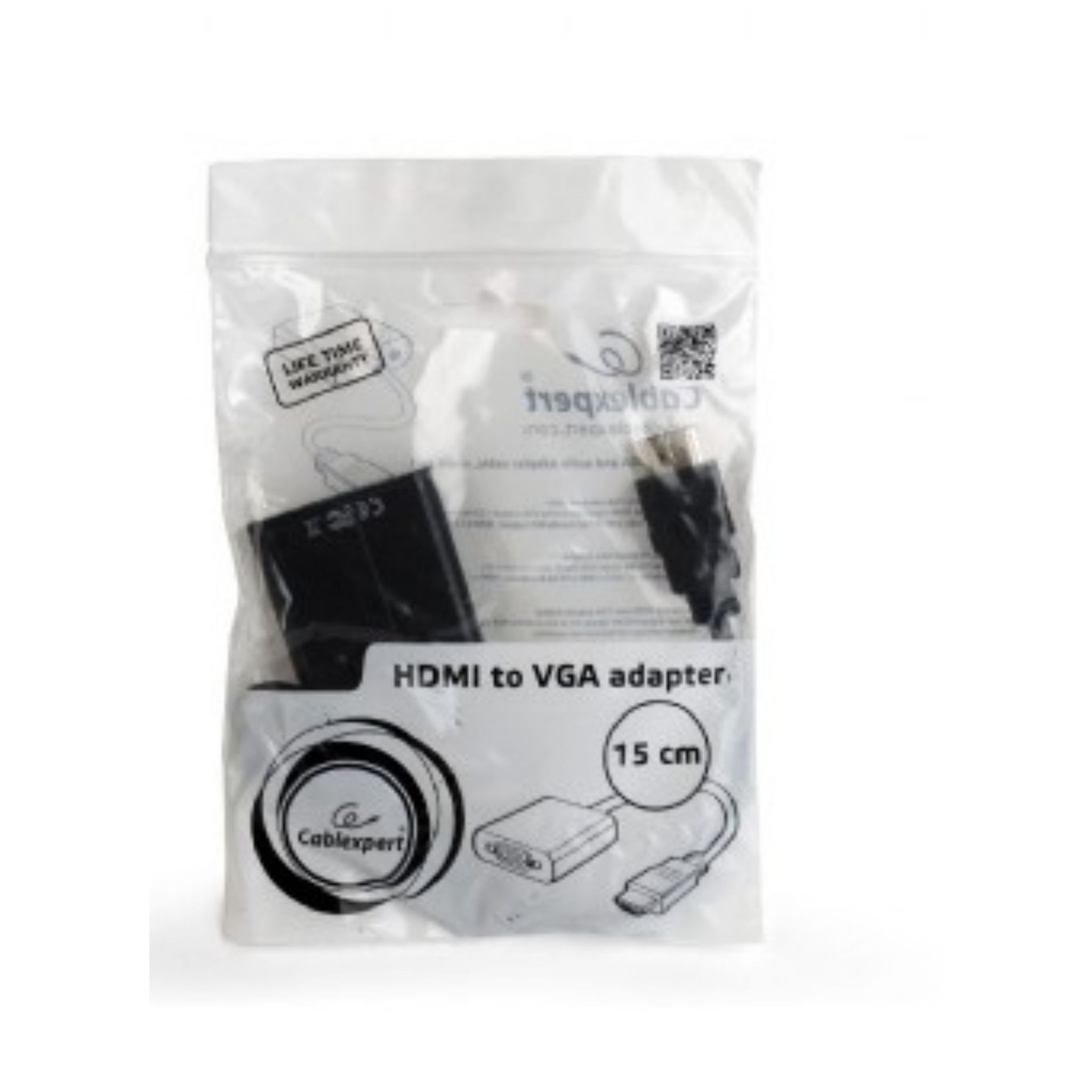 Adaptador HDMI a VGA en bolsa transparente con detalles del producto y fondo blanco.