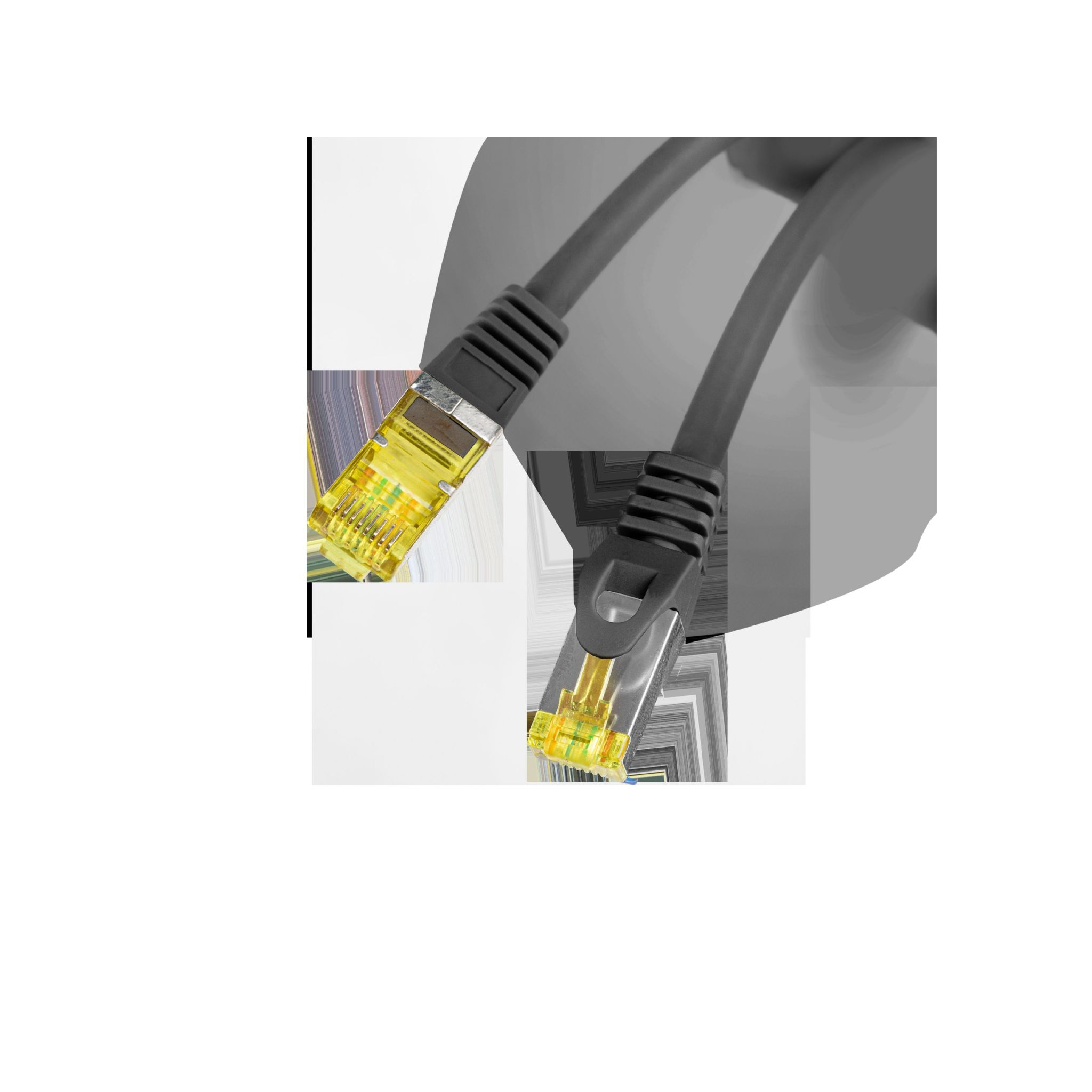 Dwa szare kable ethernet z żółtymi złączami na białym tle.