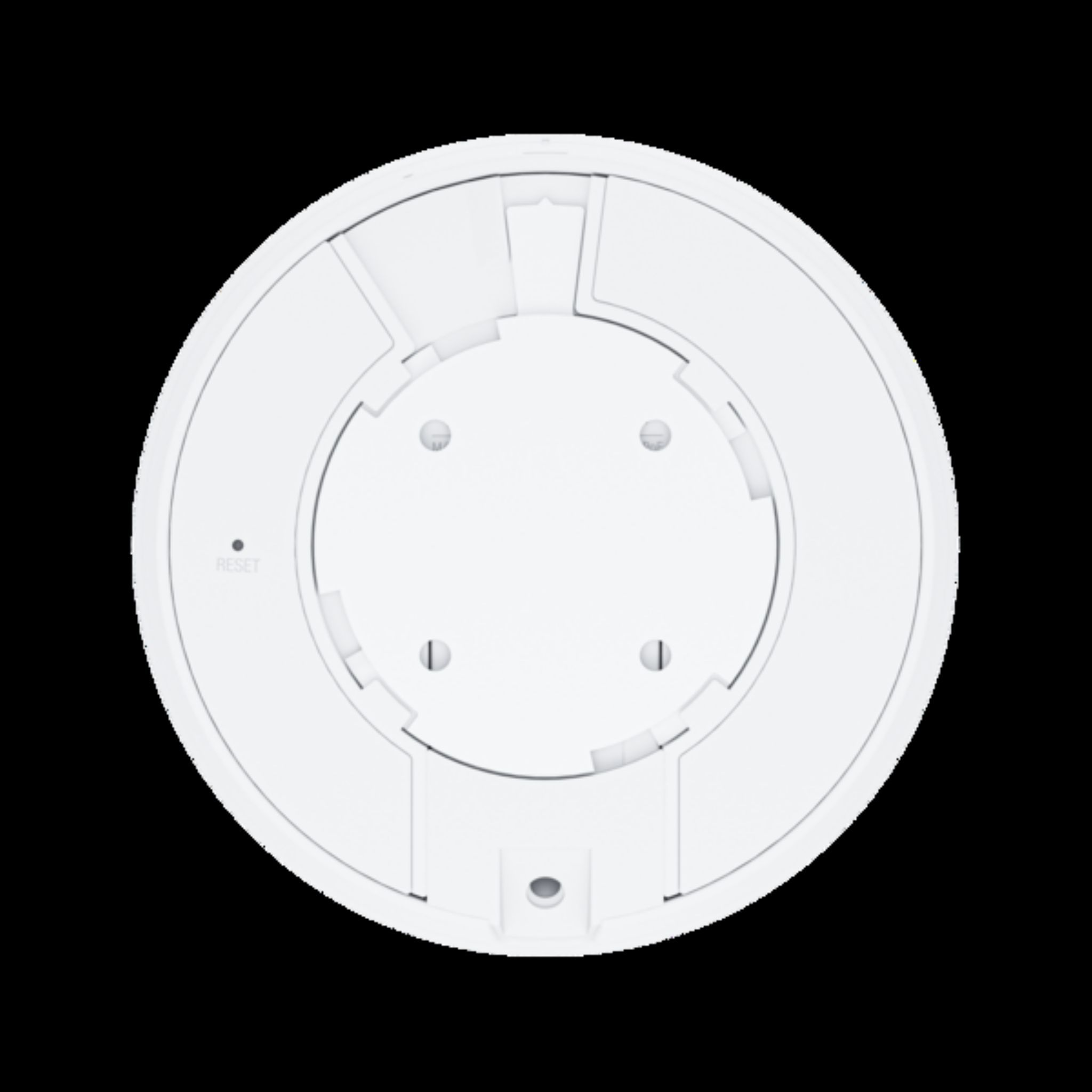 Biały okrągły punkt dostępu do sufitu, z okrągłym wzorem i kilkoma otworami montażowymi.