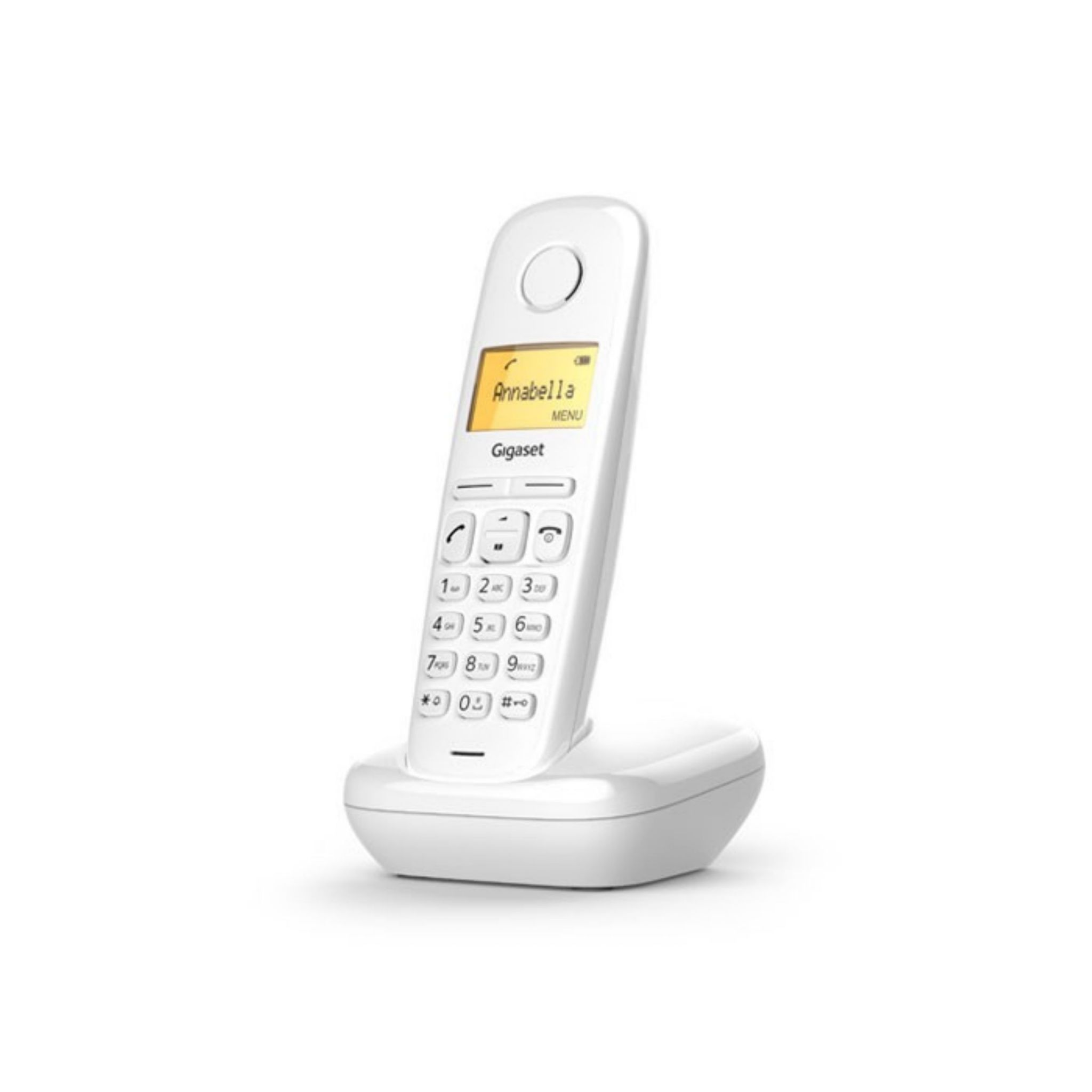 Weißes schnurloses Telefon auf weißer Basis. Bildschirm zeigt Annabella. Tasten darunter.
