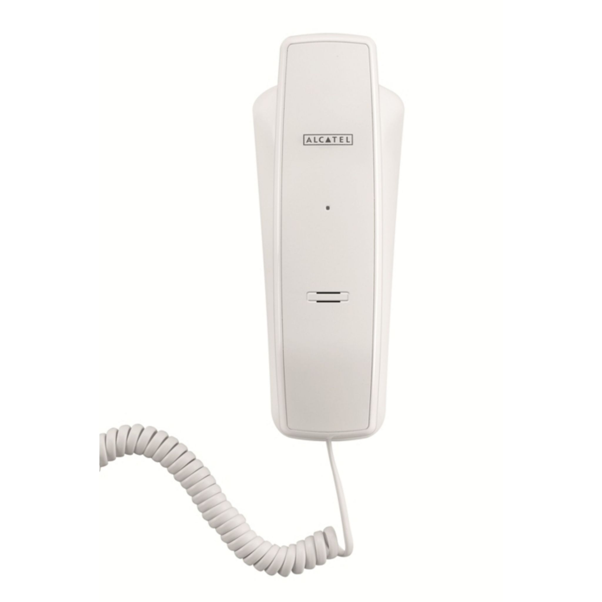 Un telefono Alcatel bianco. Ha un cavo curvo e si trova su uno sfondo bianco.
