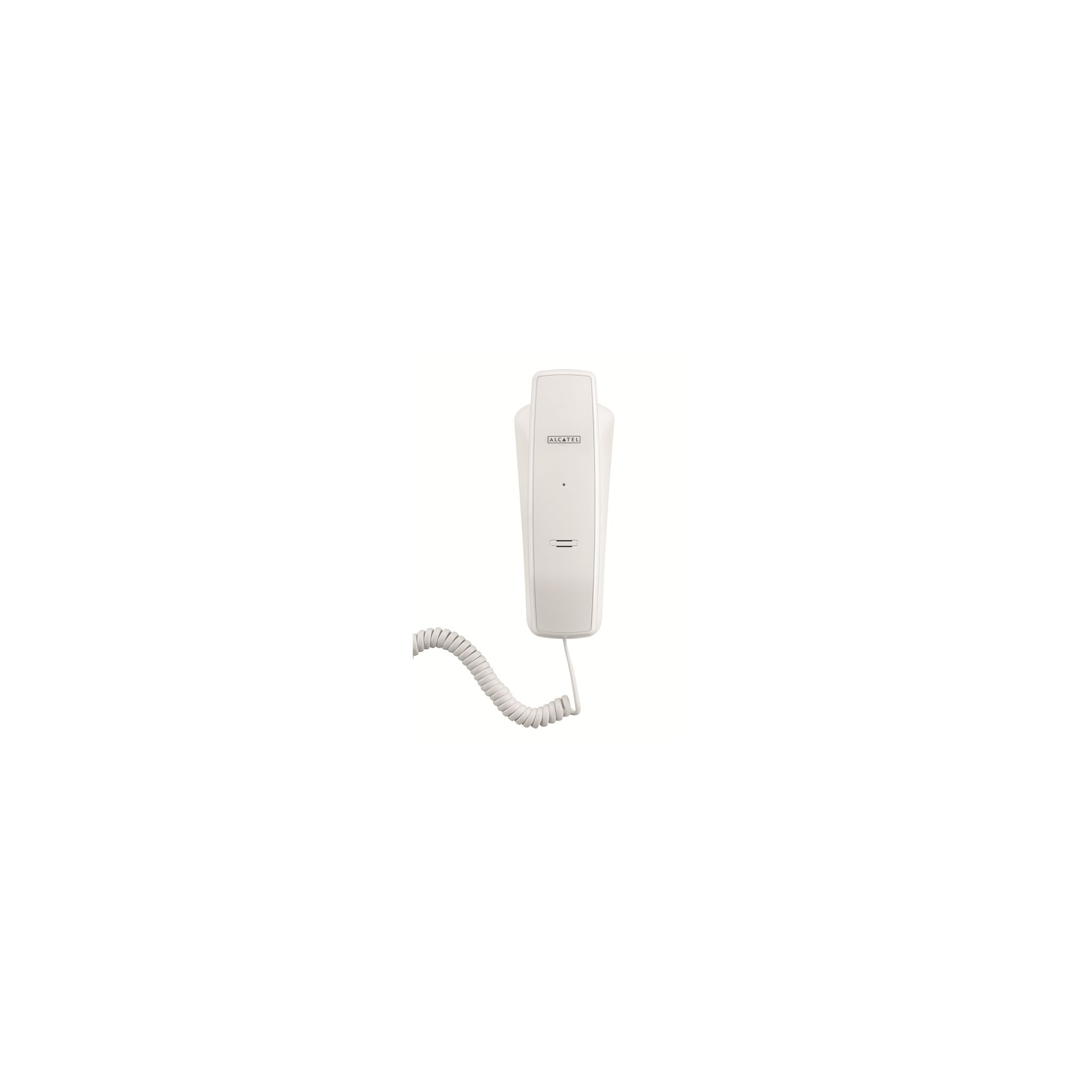 Un telefono fisso bianco con cornetta curva e cavo a spirale.