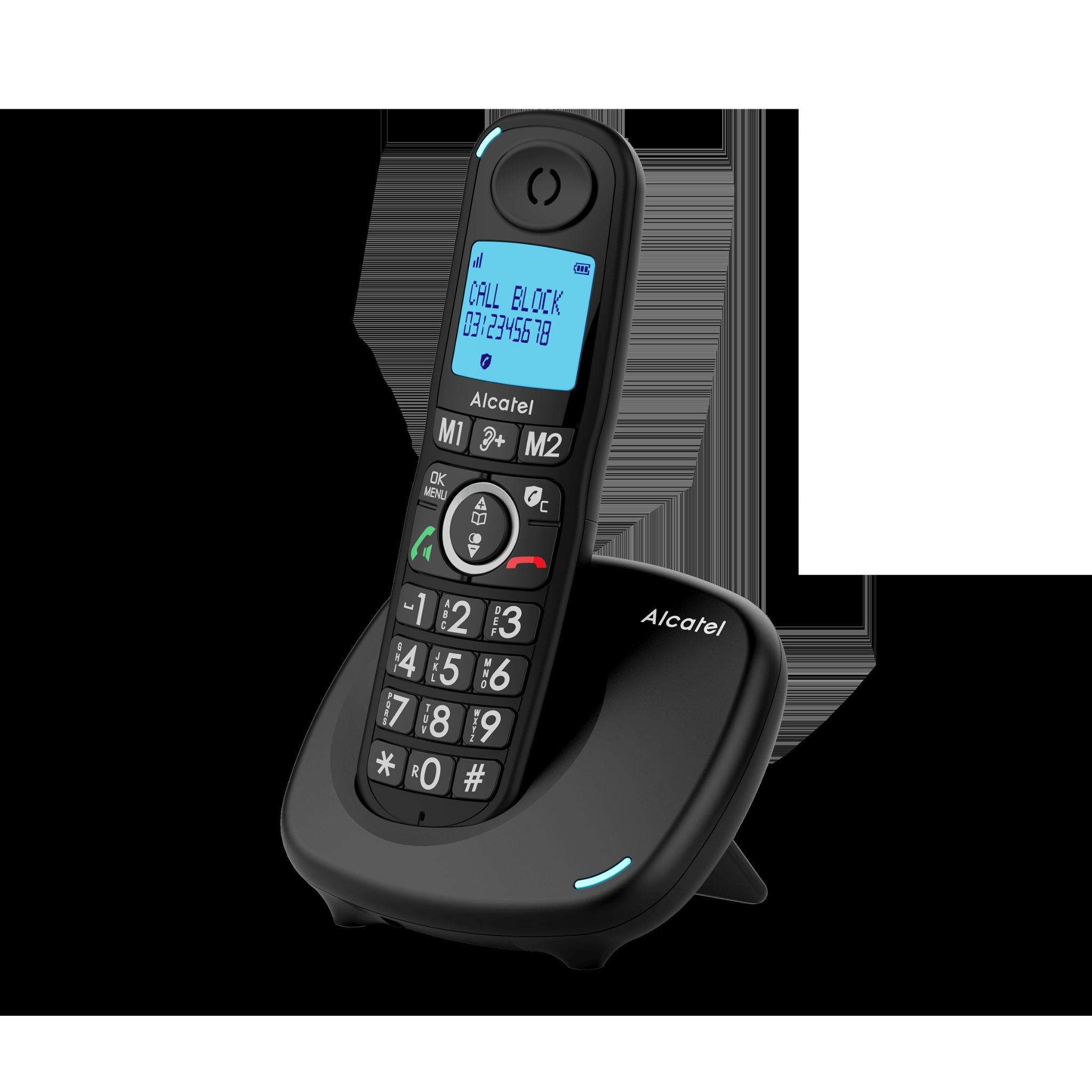 Un teléfono inalámbrico Alcatel con base, mostrando la pantalla y botones.
