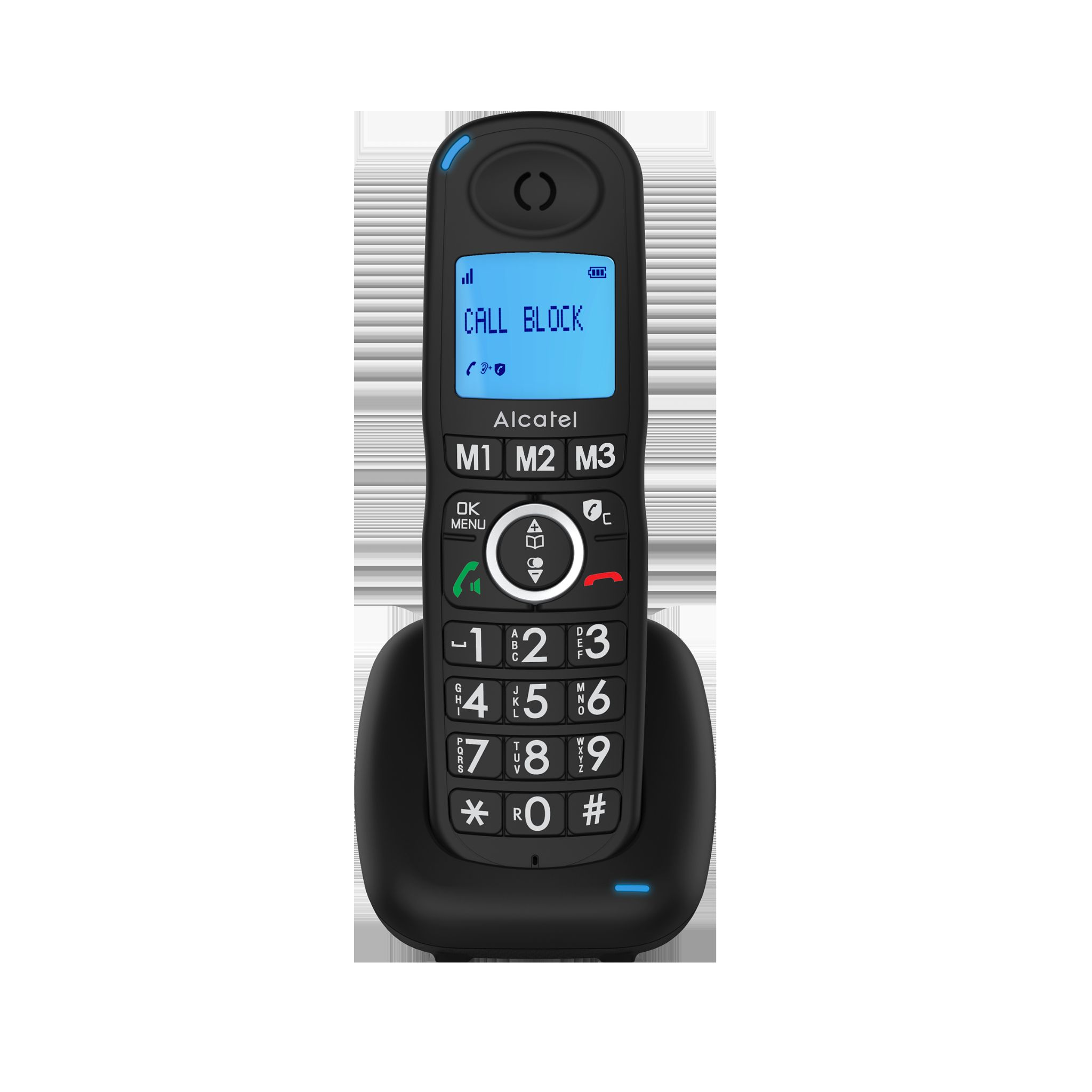 Teléfono inalámbrico Alcatel negro con pantalla azul que muestra 'CALL BLOCK'. Fondo blanco.