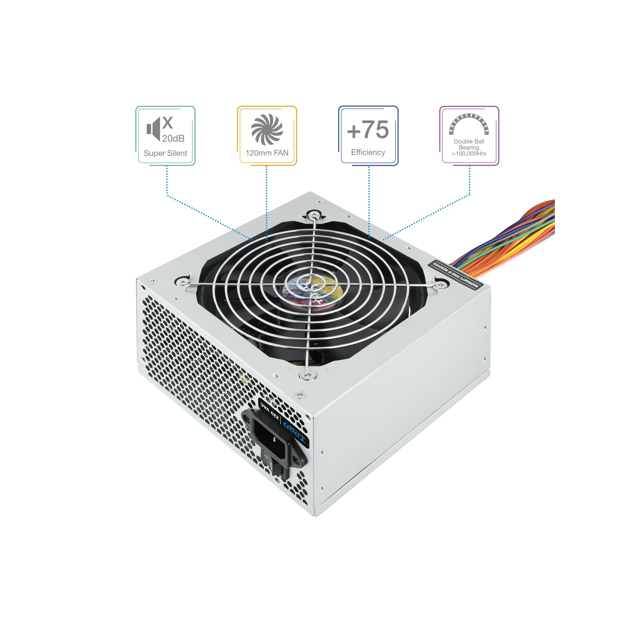 Zilver en zwarte voedingseenheid. Heeft een ventilator en wat labels. Witte achtergrond.