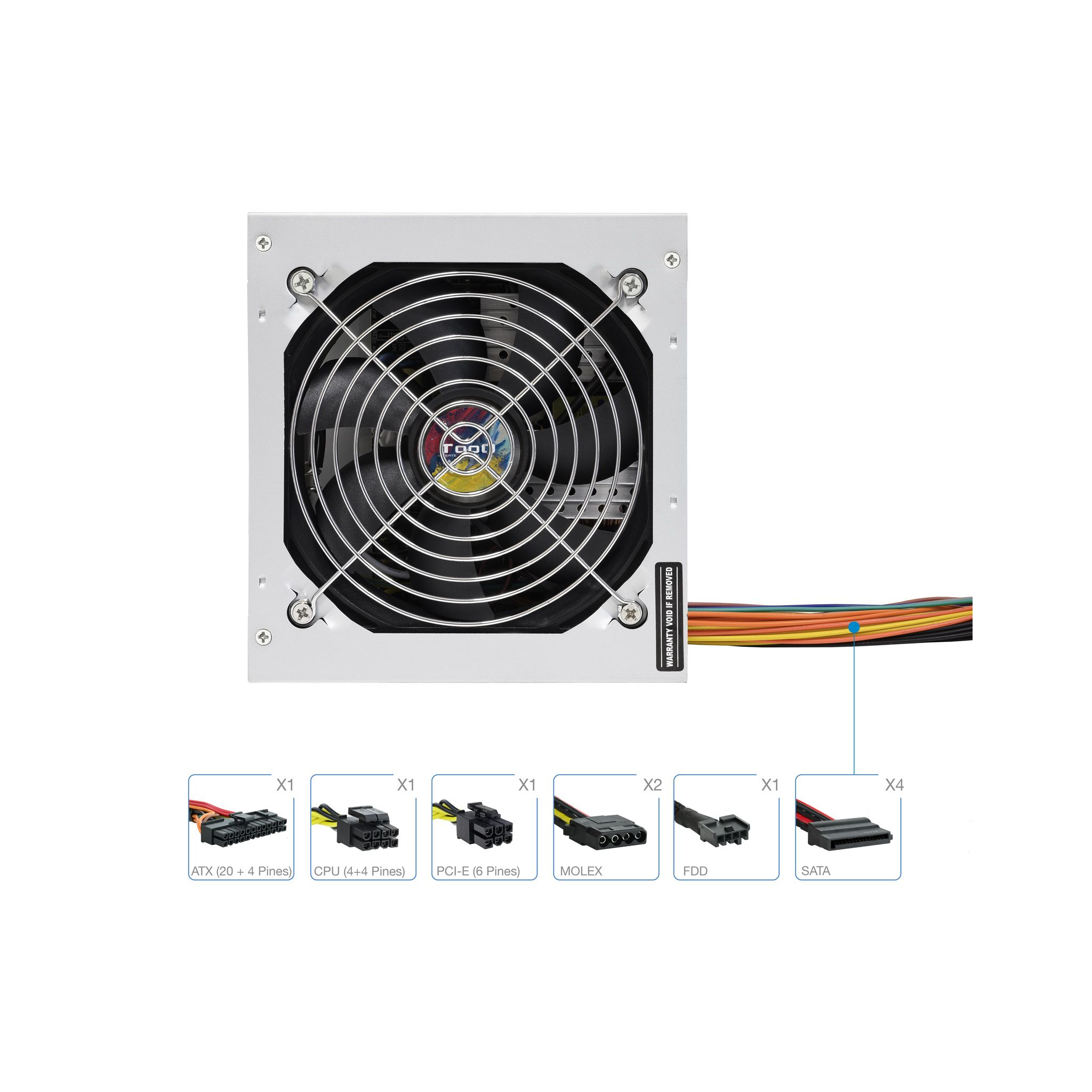 Een computer voeding met diverse connector kabels.