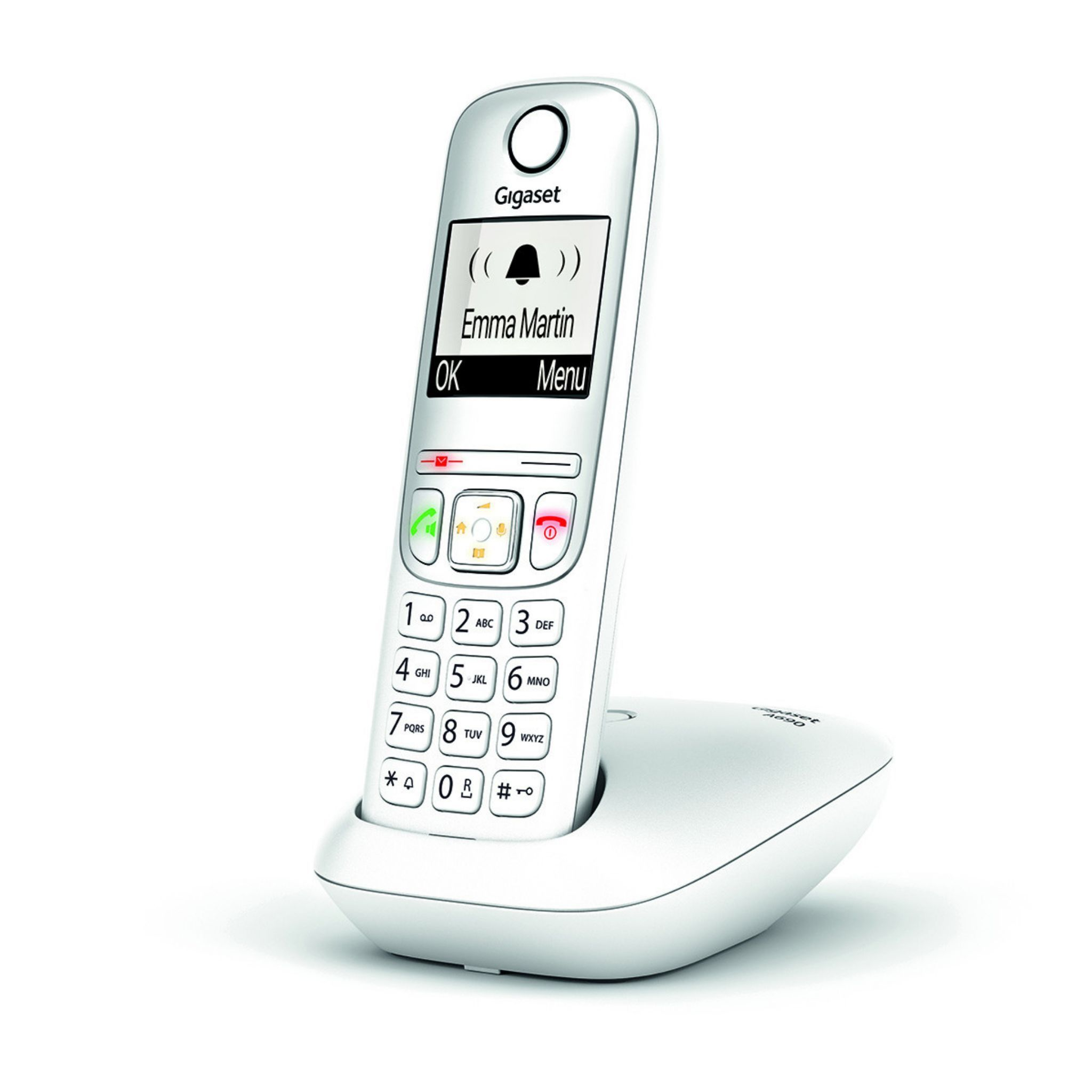 Un teléfono inalámbrico Gigaset blanco en su base de carga. Tiene una pantalla.