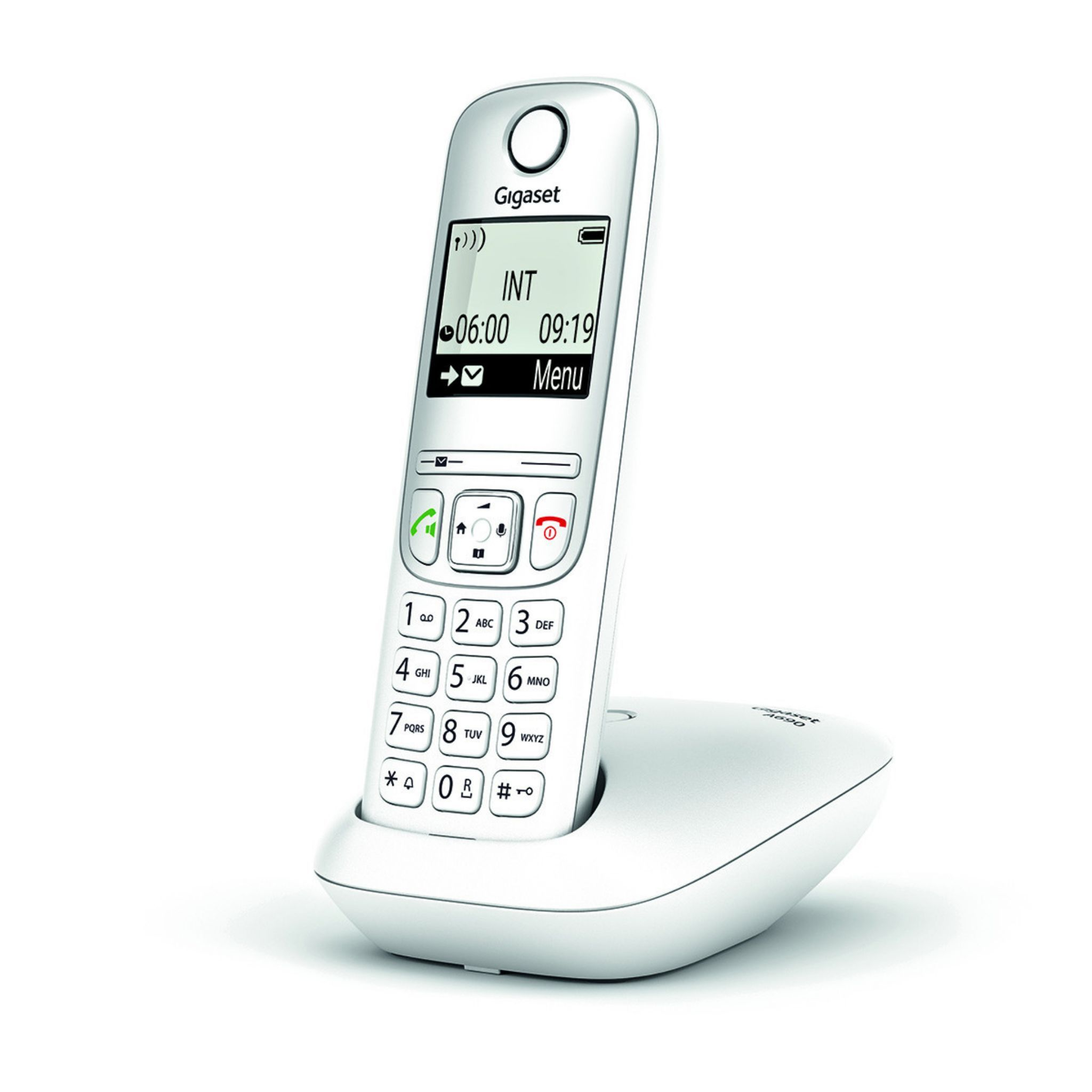 Teléfono inalámbrico Gigaset blanco con base. El teléfono muestra la hora y las opciones del menú en una pantalla.