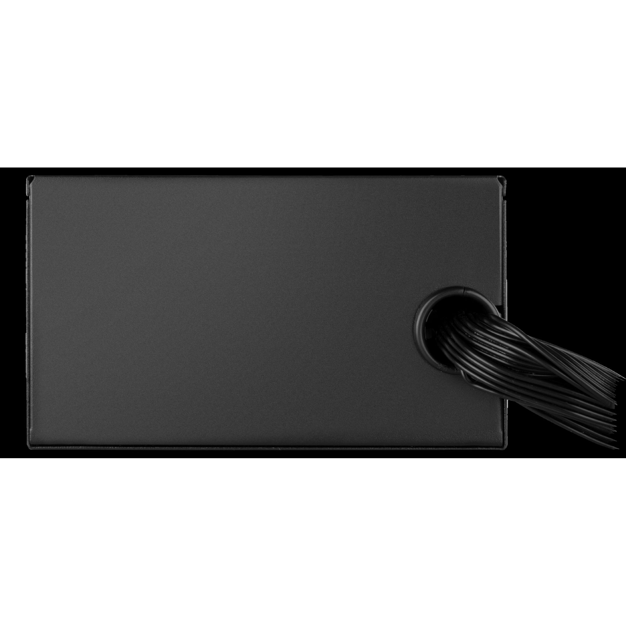 Czarny zasilacz z czarnymi kablami. Czarne tło.