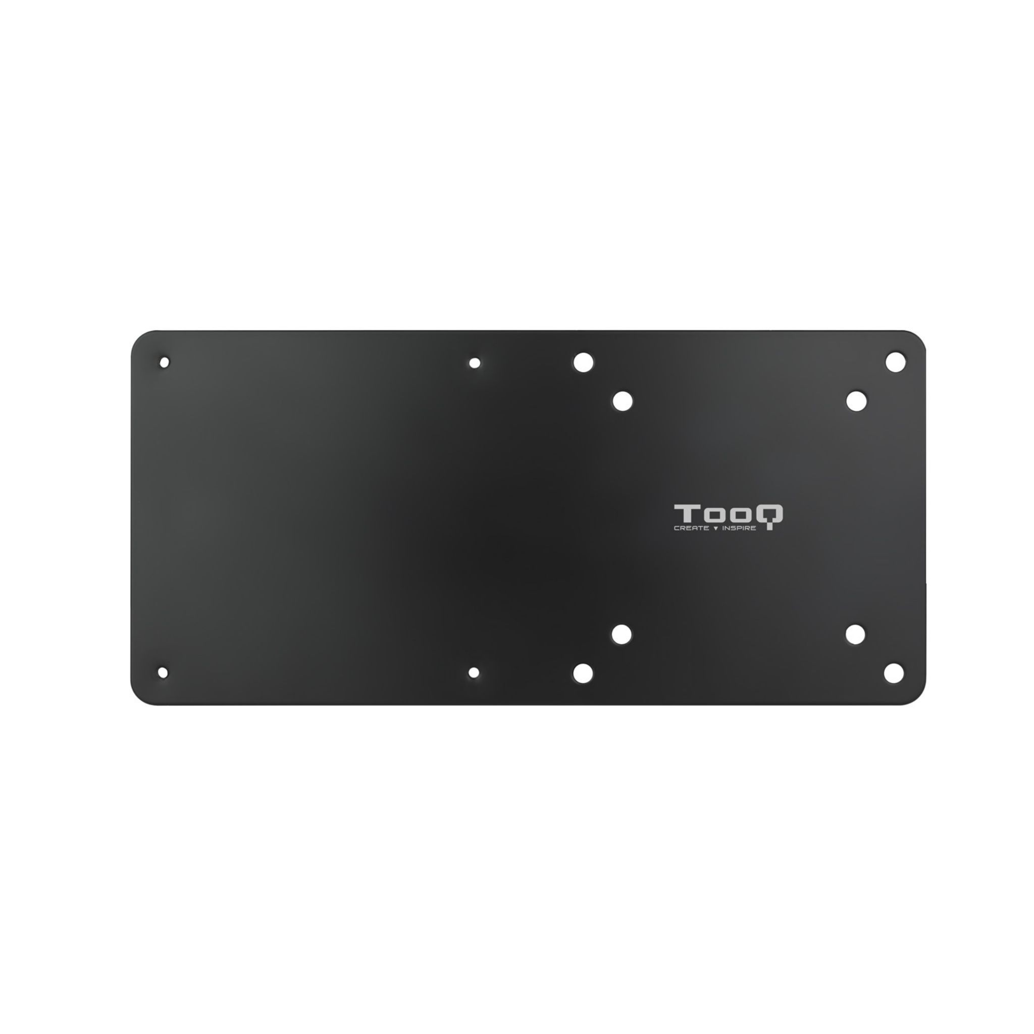 Placa de metal negra con varios agujeros. El texto "TooQ CREATE & INSPIRE" está en ella.