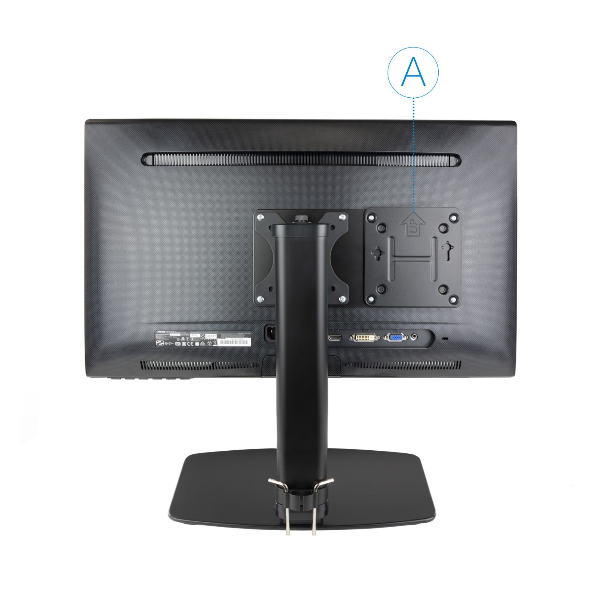 Parte trasera de un monitor negro con soporte sobre fondo blanco.