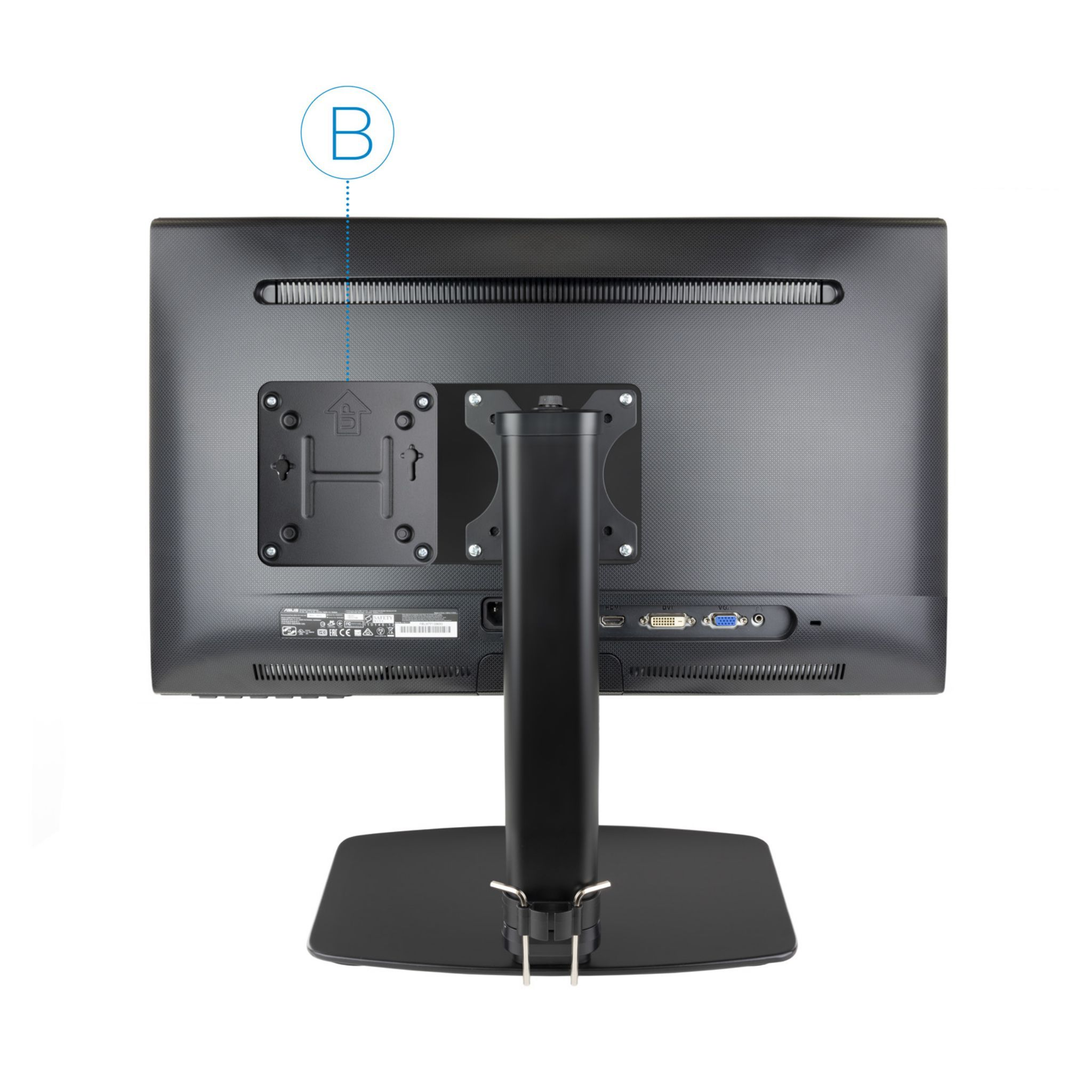 Parte trasera de un monitor de computadora negro. Soporte y conexiones visibles. Fondo blanco.