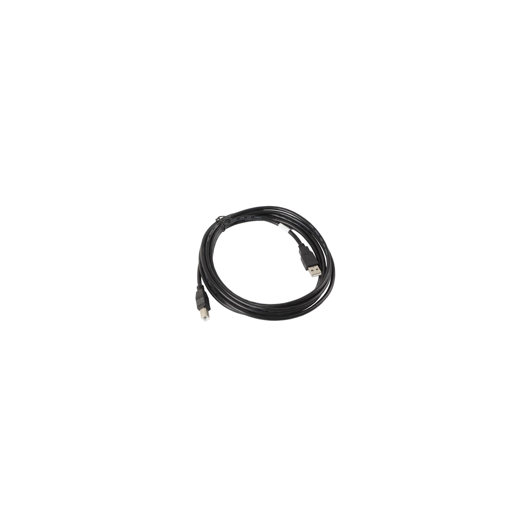 Câble USB noir avec deux connecteurs. Il est sur un fond blanc.