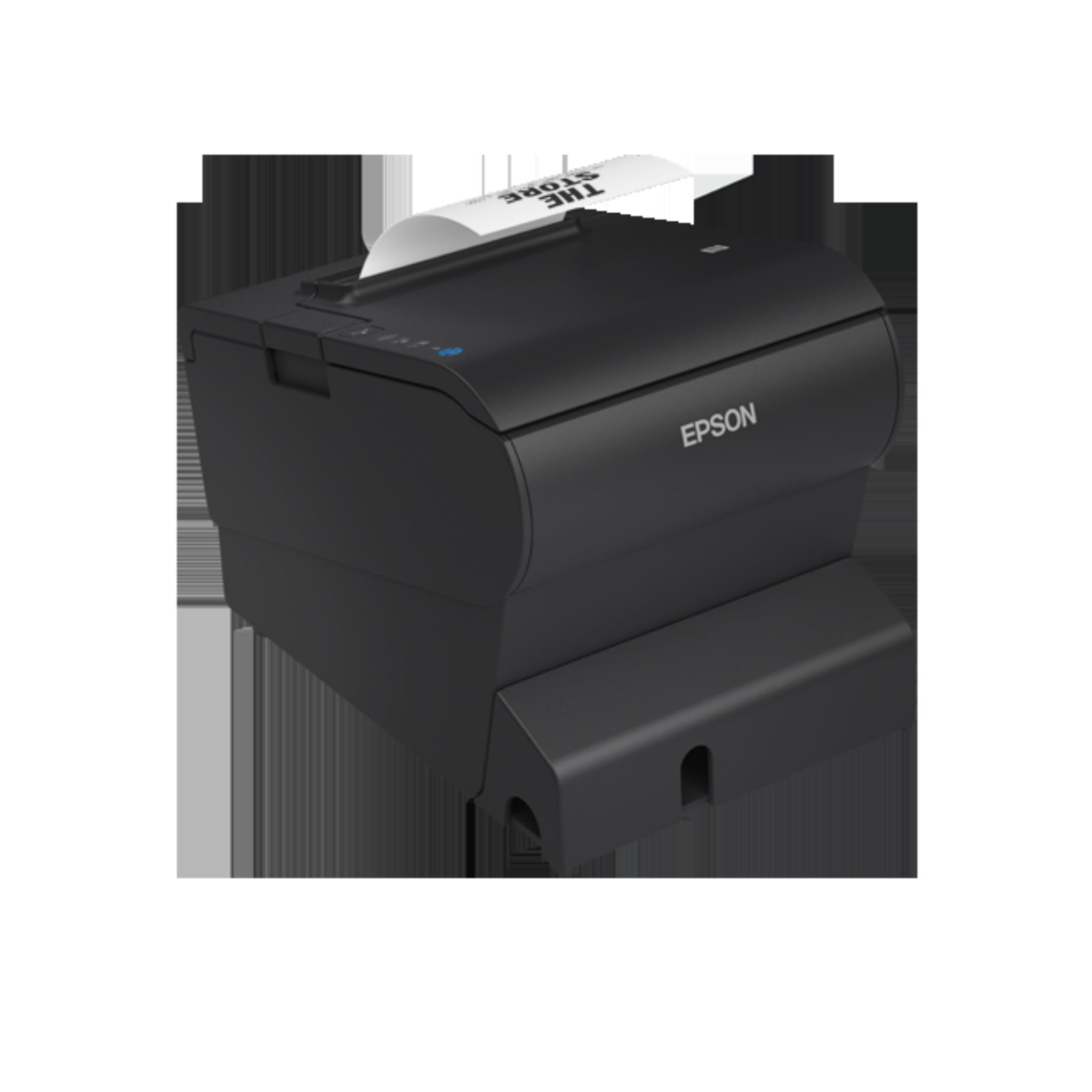 Schwarzer Thermodrucker von Epson, der einen Beleg druckt. Der Drucker steht auf weißem Untergrund.