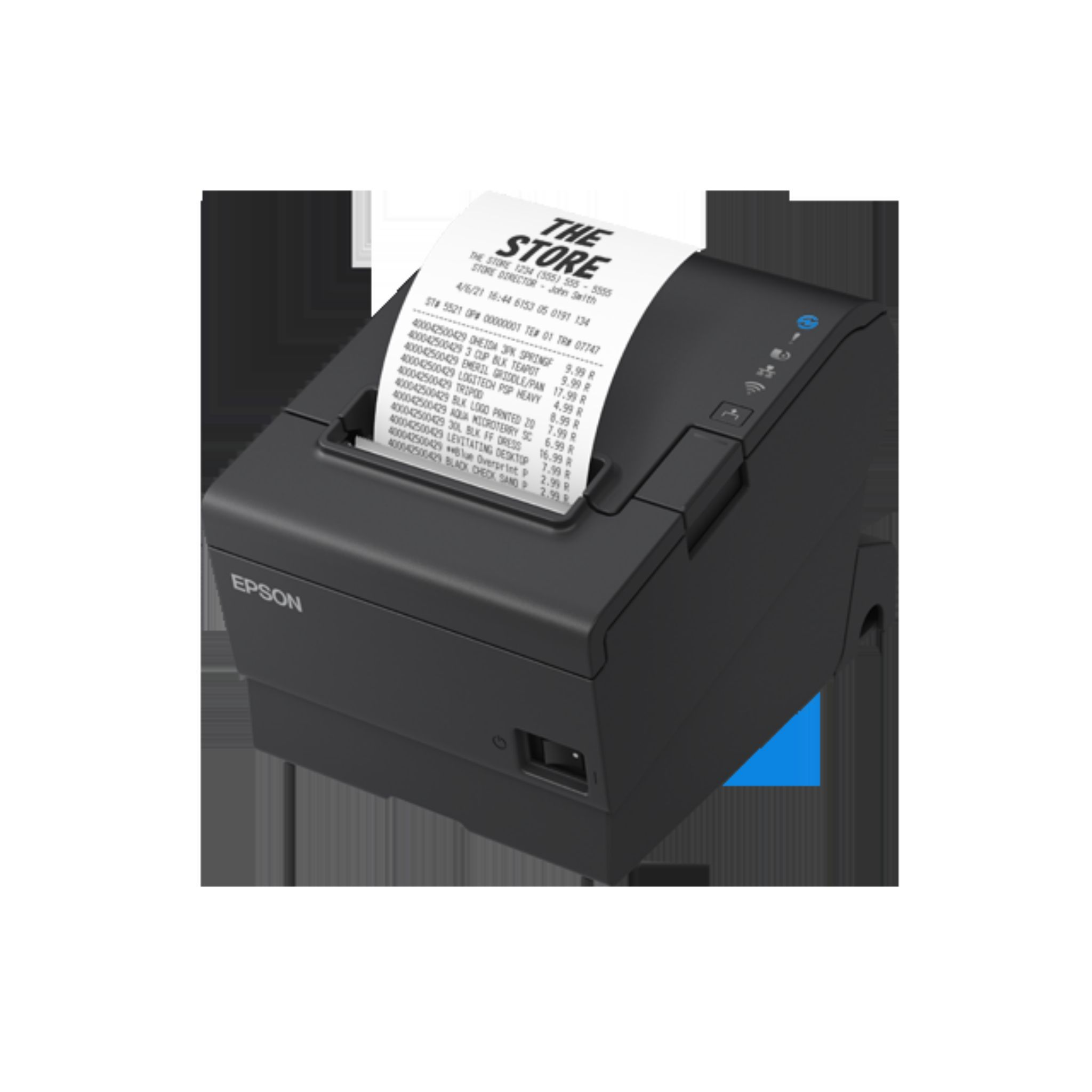 Schwarzer Epson-Thermodrucker mit Beleg, schräge Ansicht auf Oberfläche.