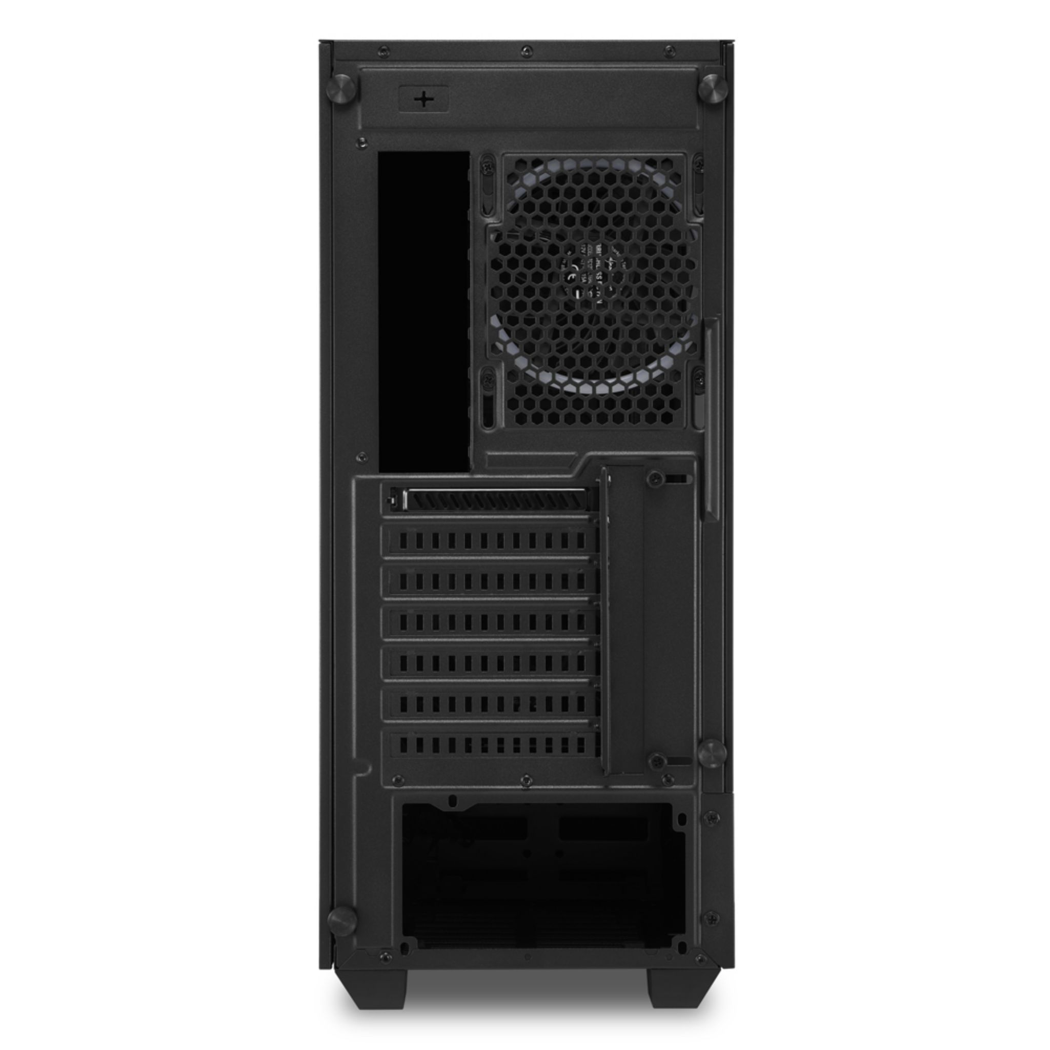 Tył czarnej obudowy komputera. Pokazuje wentylator, porty i obszary montażu.