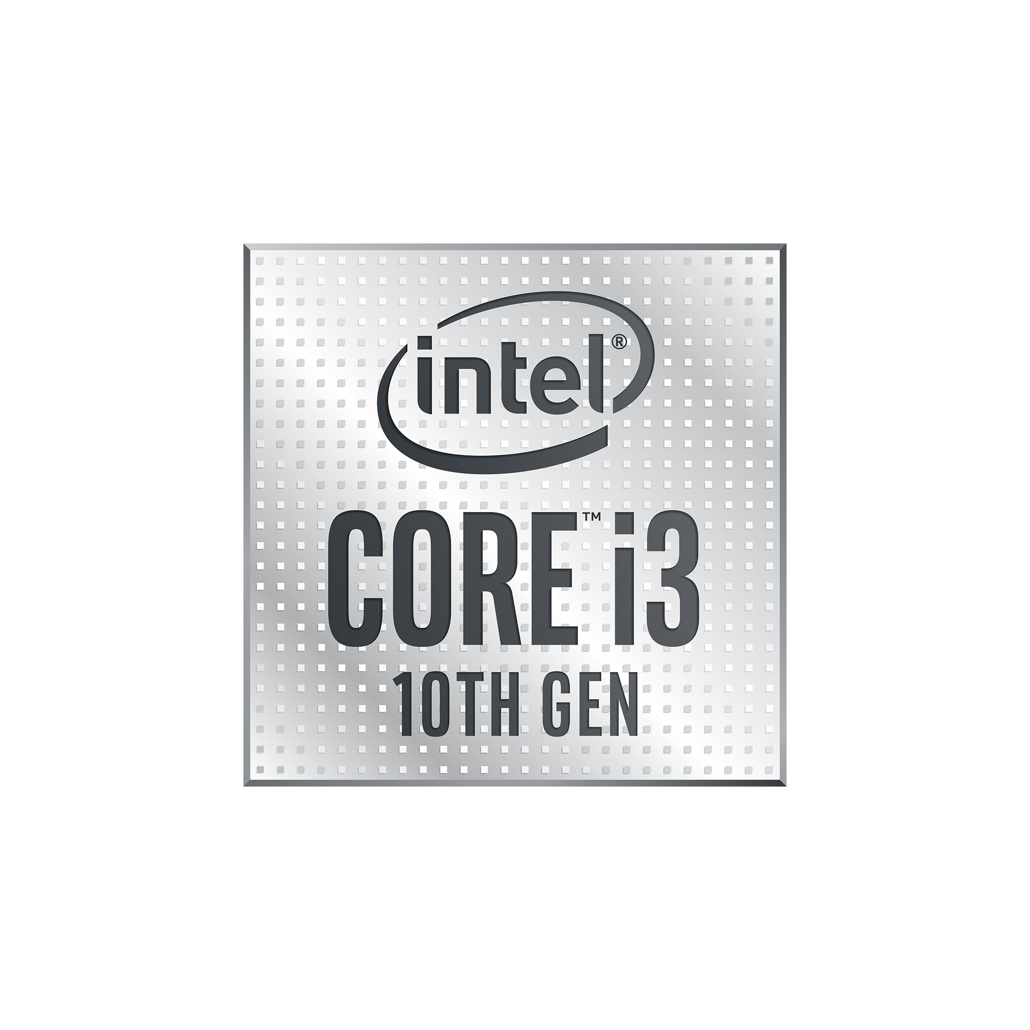 Opakowanie procesora Intel Core i3 10. generacji. Szaro-srebrna kolorystyka z logo.