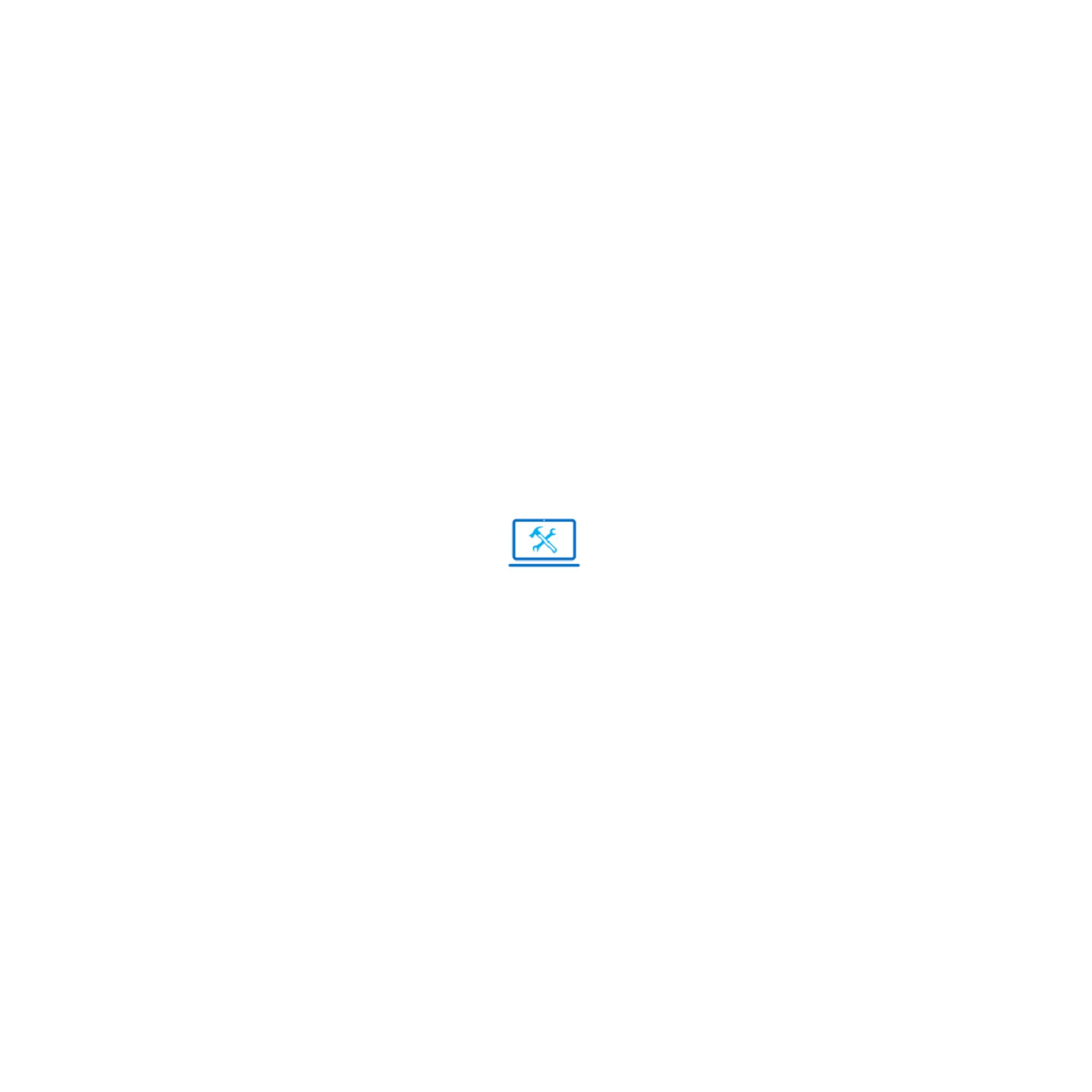 Ein blaues Symbol eines Laptops mit Schraubenschlüssel und Schraubendreher. Auf weißem Hintergrund.