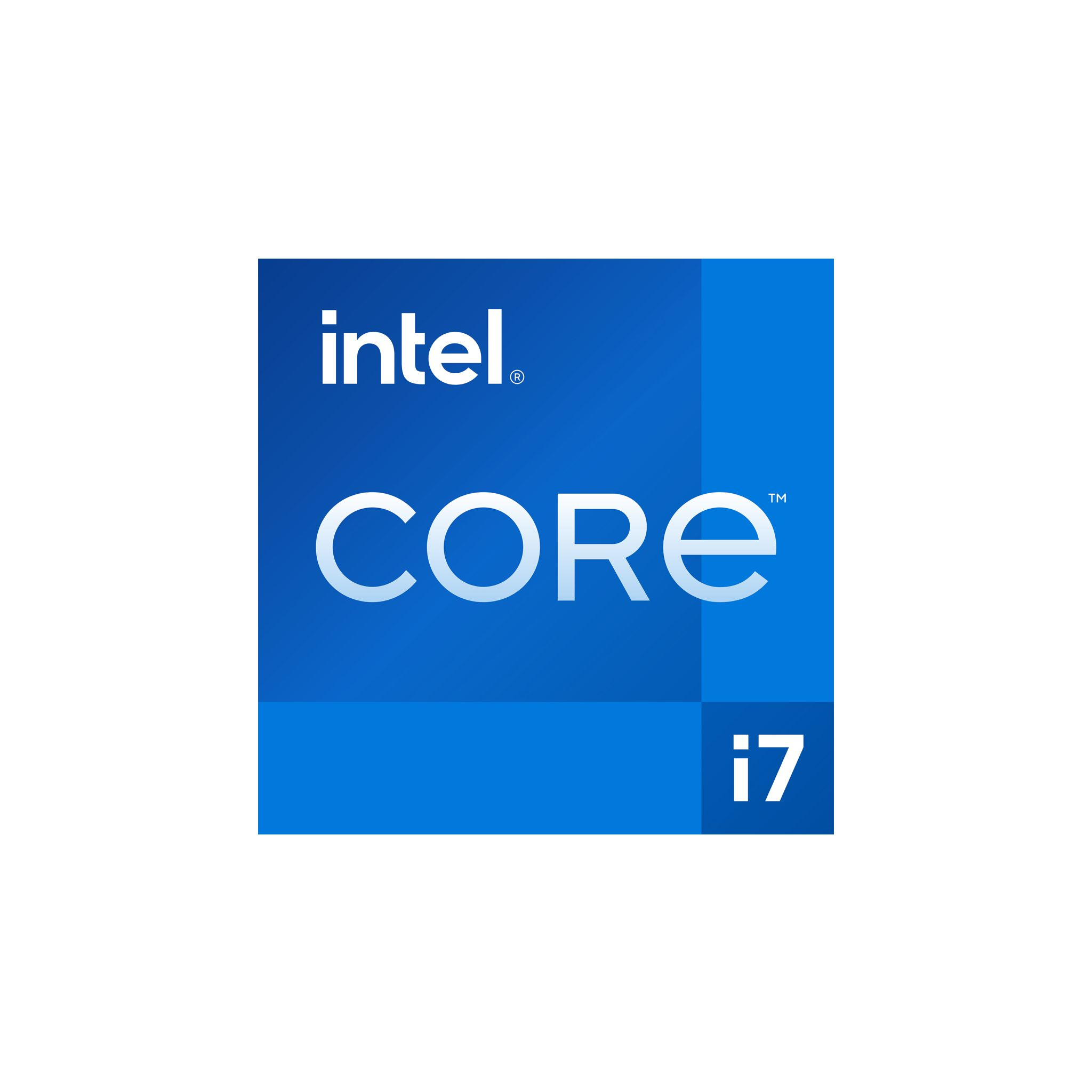 Un logo Intel Core i7 blu e bianco su sfondo quadrato bianco.