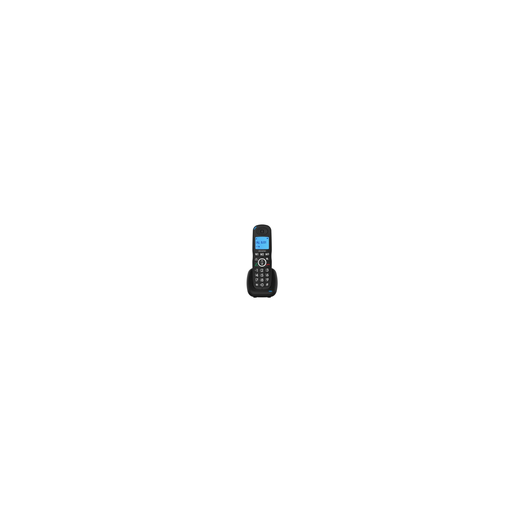 Teléfono inalámbrico negro sobre fondo blanco. Pequeña pantalla y botones.