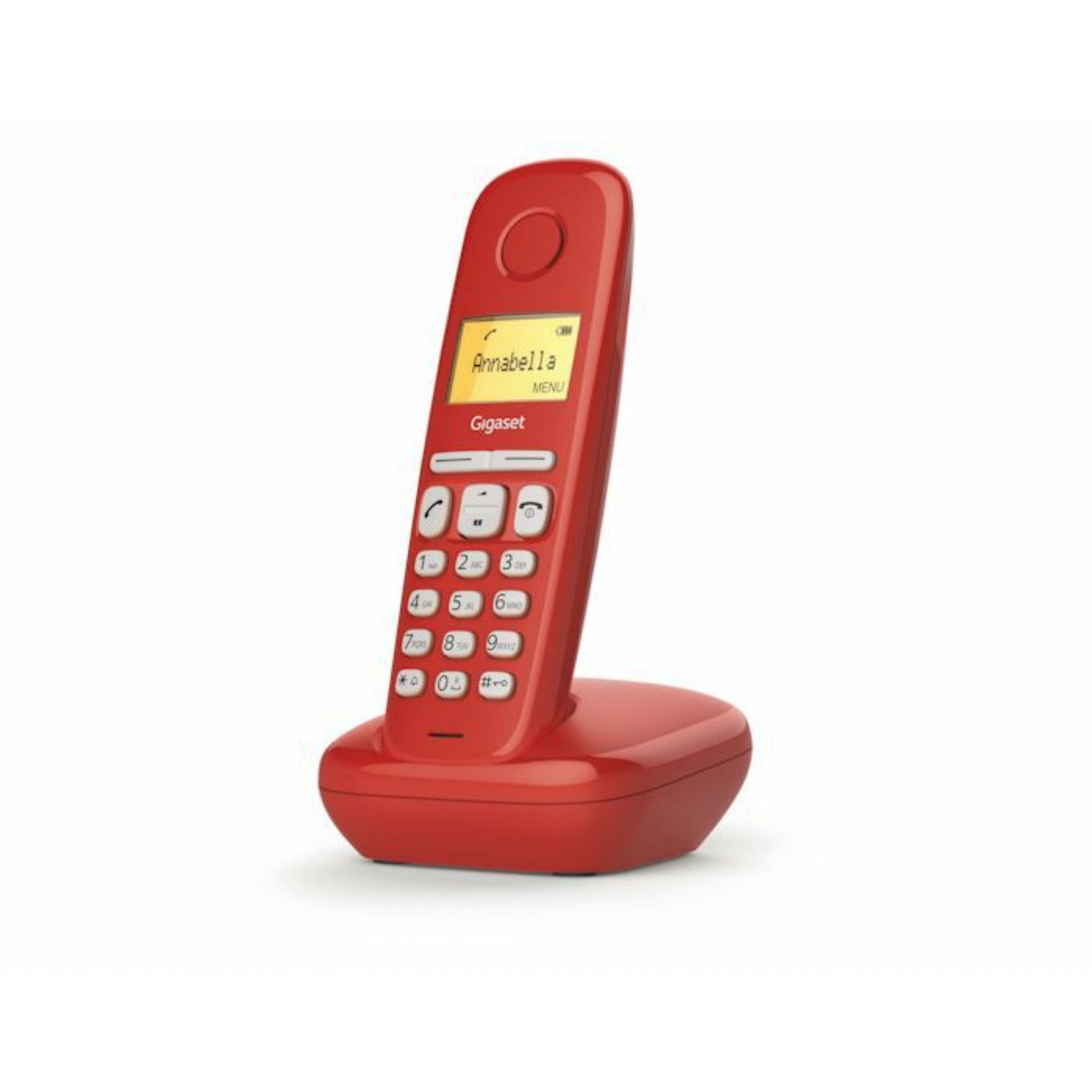Teléfono inalámbrico rojo sobre una base roja. La pantalla muestra 'Annabella' y 'MENU'.