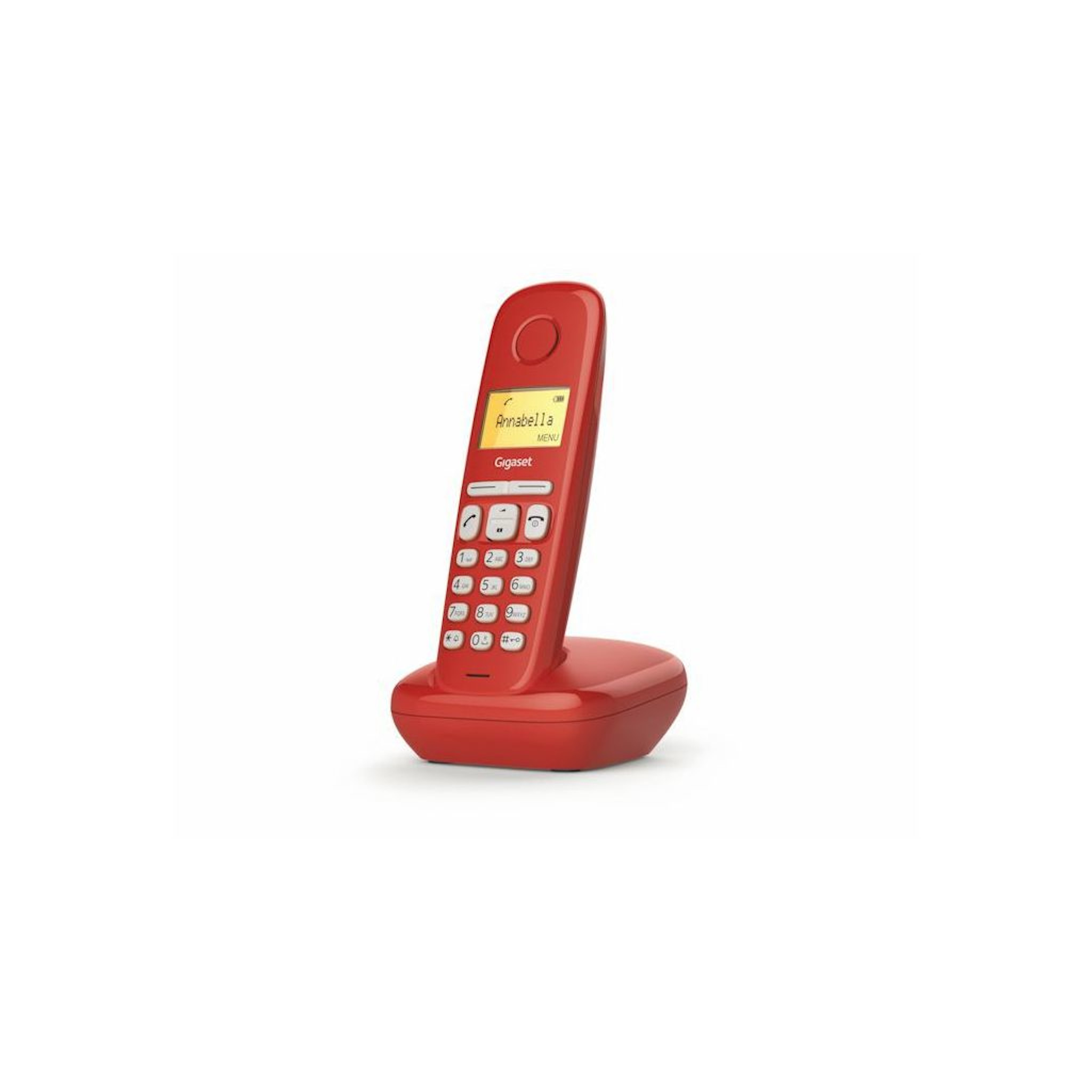 Teléfono inalámbrico rojo con base. Marca Gigaset y texto Annabella. Fondo blanco aislado.