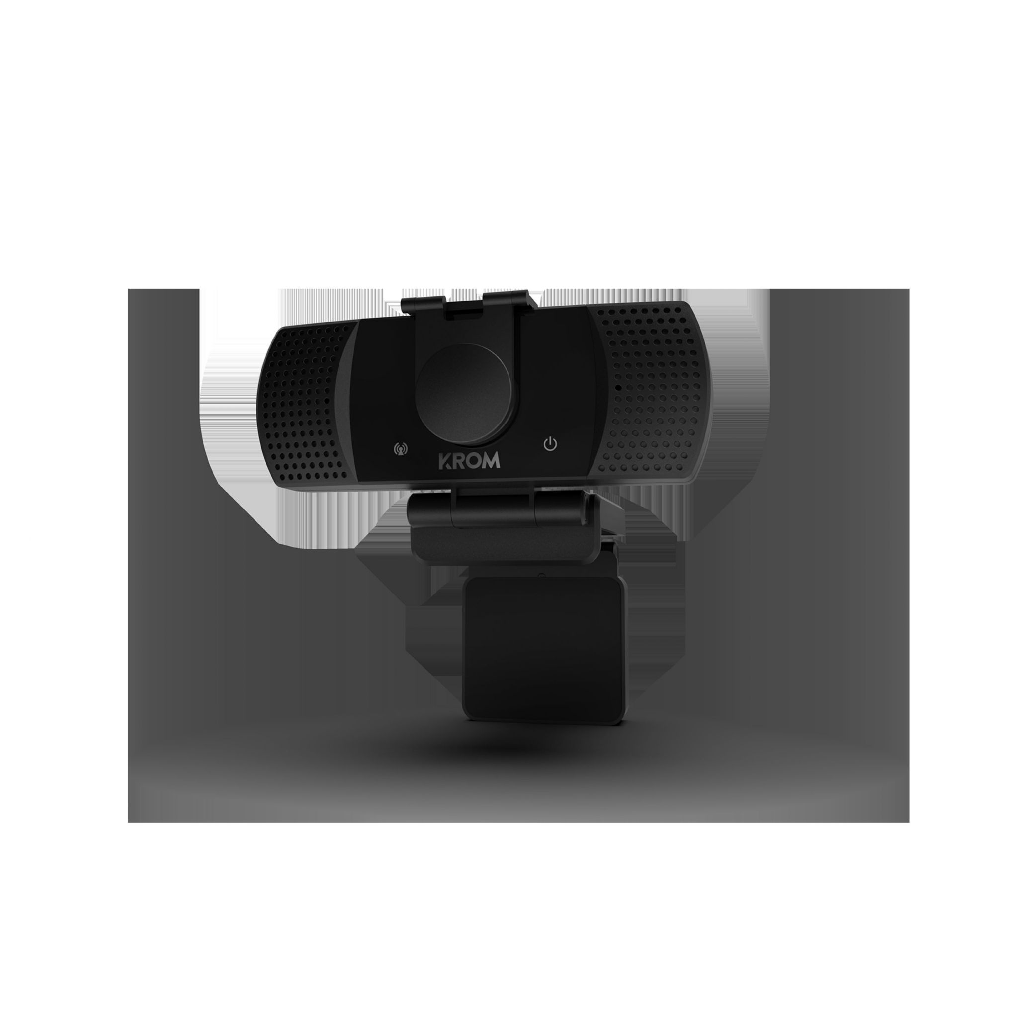 Czarna kamera internetowa Krom. Jest zamontowana na czarnym tle.