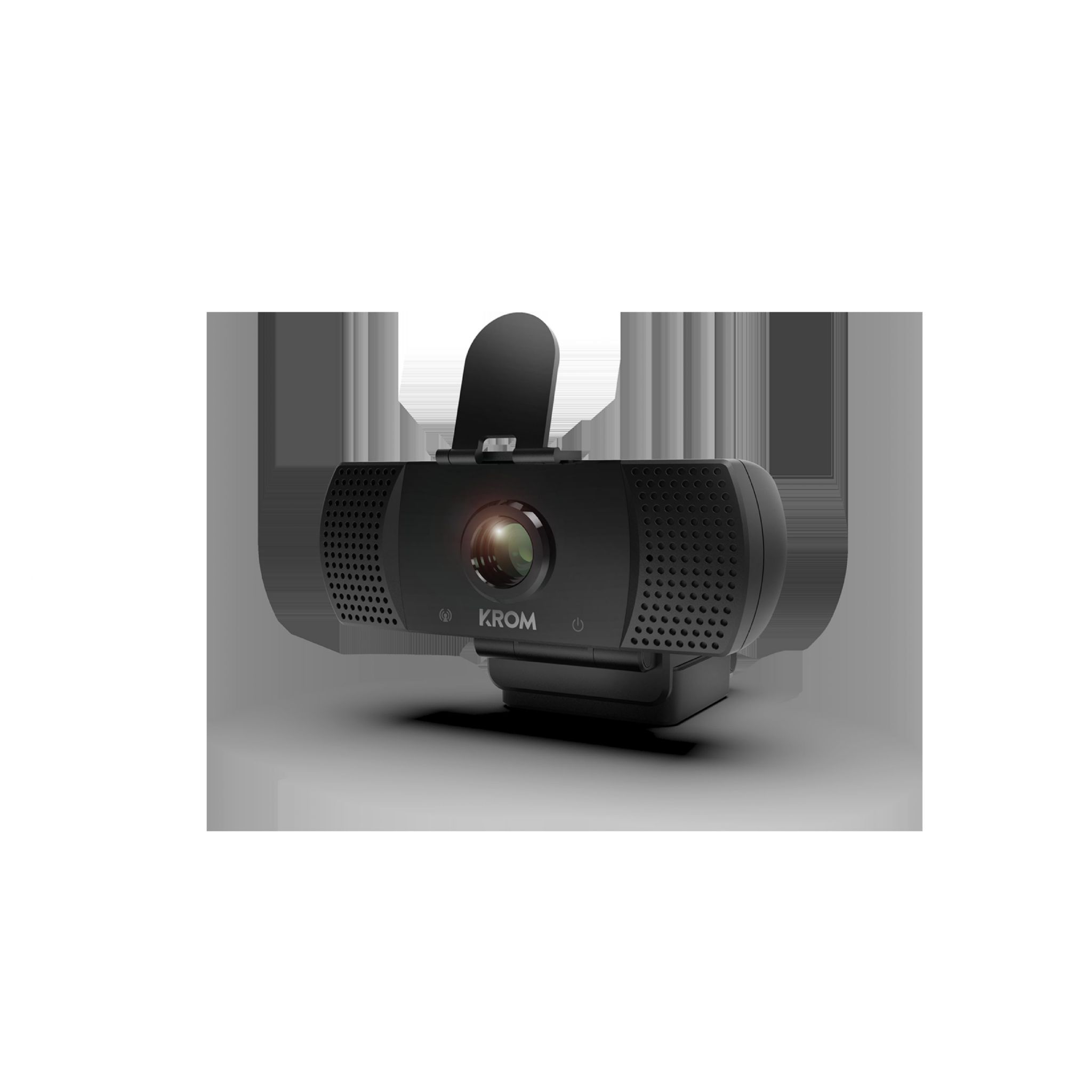 Czarna kamera internetowa z logo KROM na szarym tle.