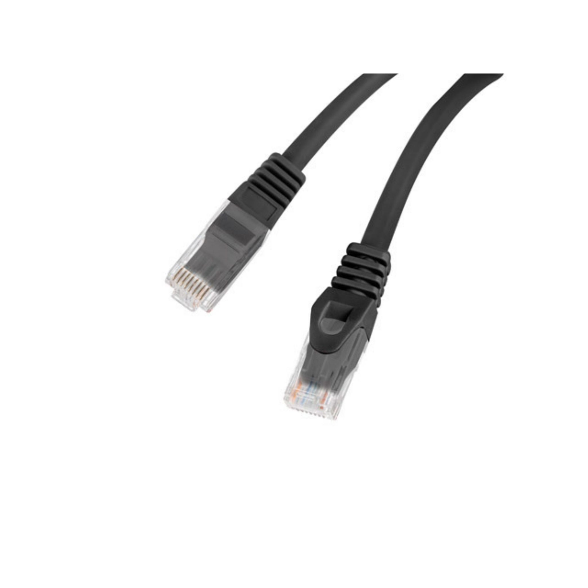 Deux câbles Ethernet noirs avec connecteurs sur fond blanc.