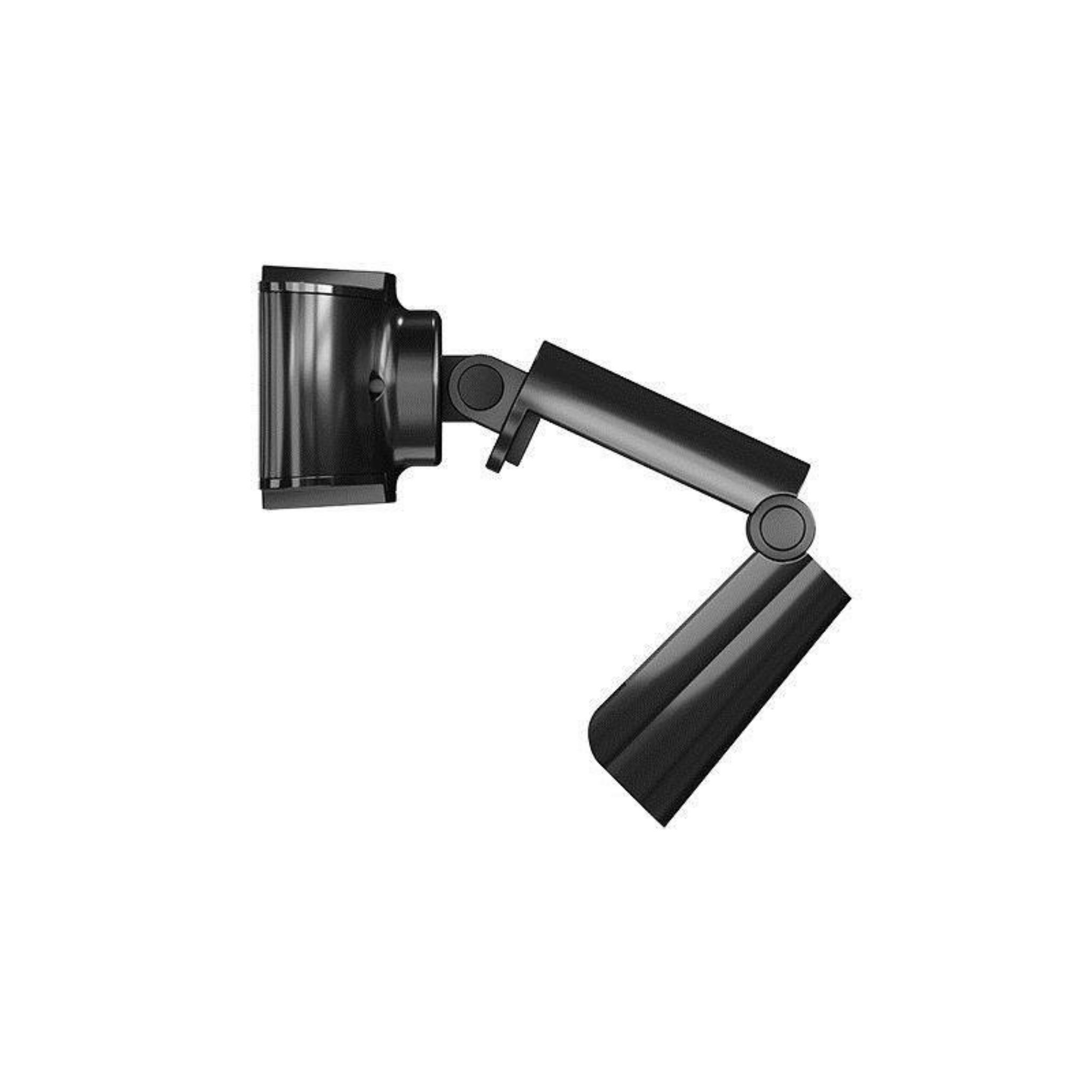 Czarny ramię do monitora z wieloma przegubami, widok z góry, na białym tle.