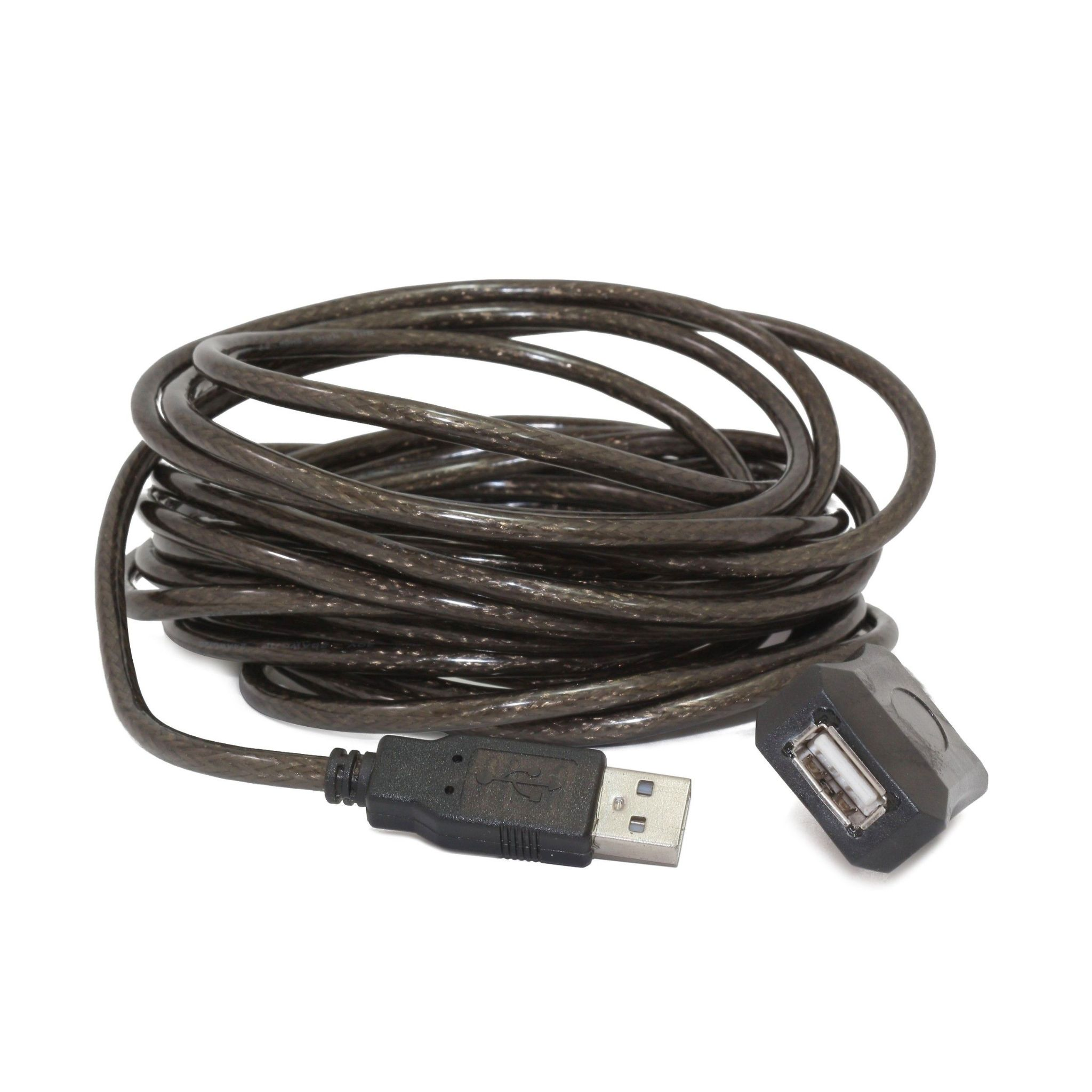 Cable de extensión USB enrollado, negro, con conector USB en cada extremo, aislado en blanco.
