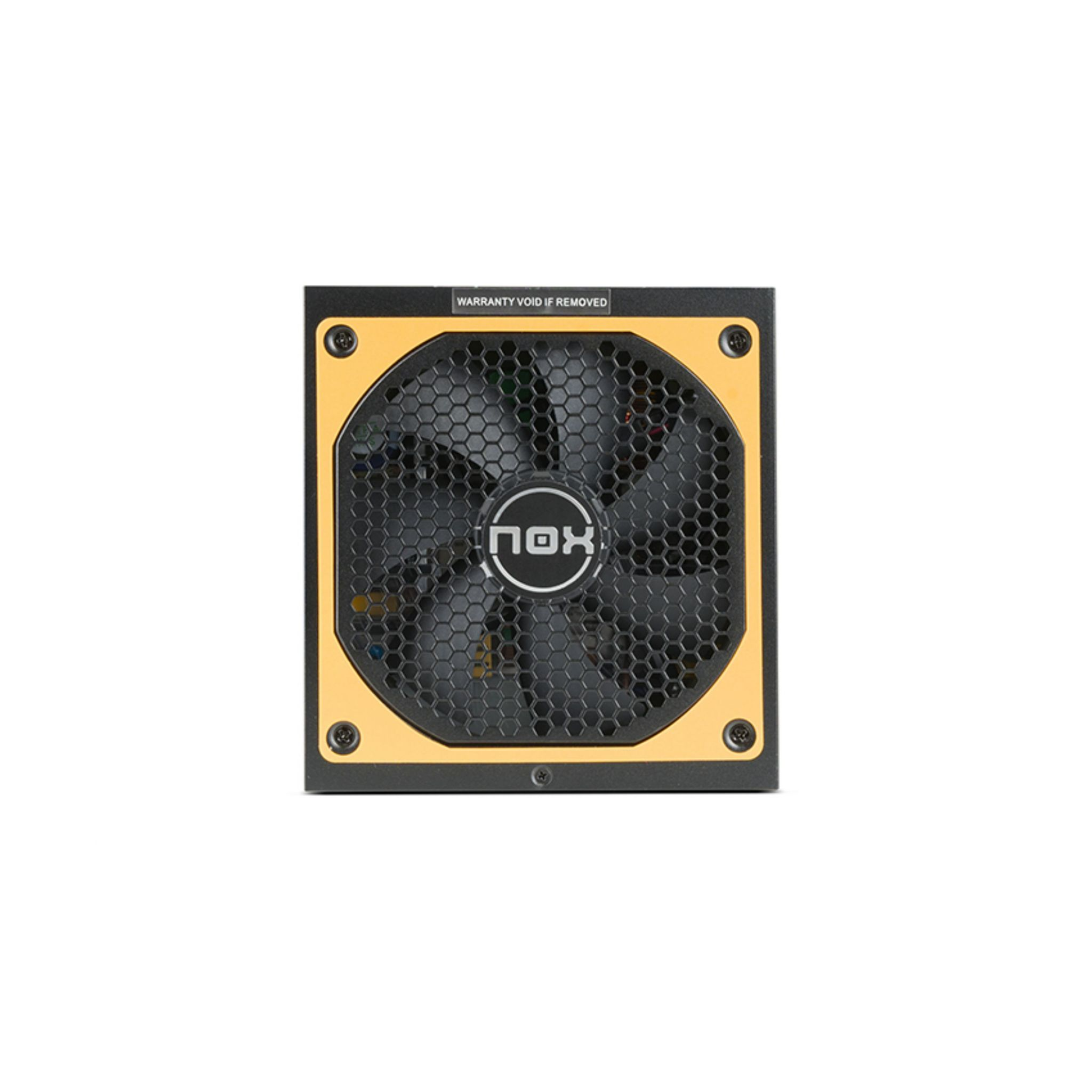 Zwarte en gouden computer voeding met zichtbare ventilator. Het merklogo is zichtbaar.