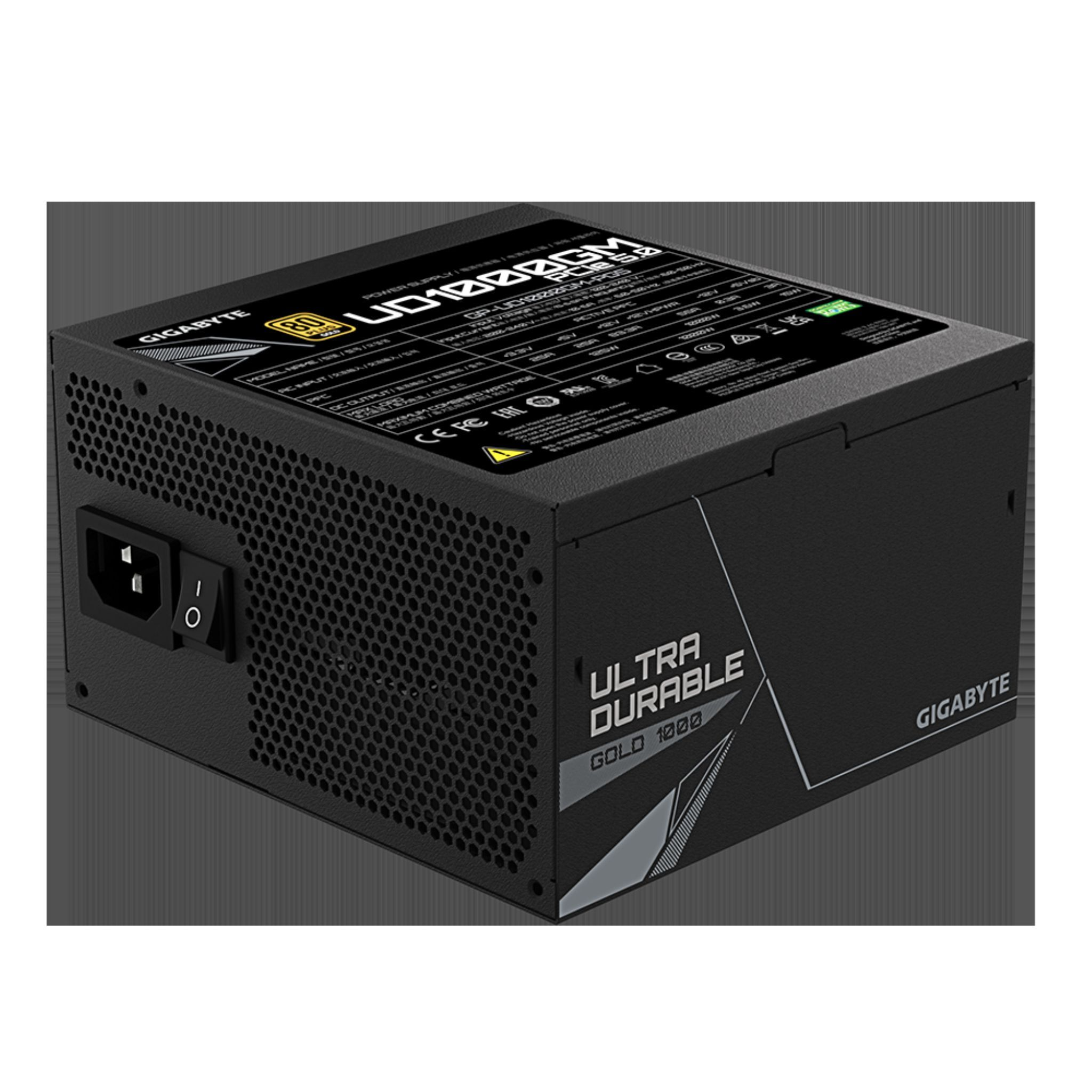 Black computer power supply with fan vents, power switch, and Ultra Durable Gold 1000 label.