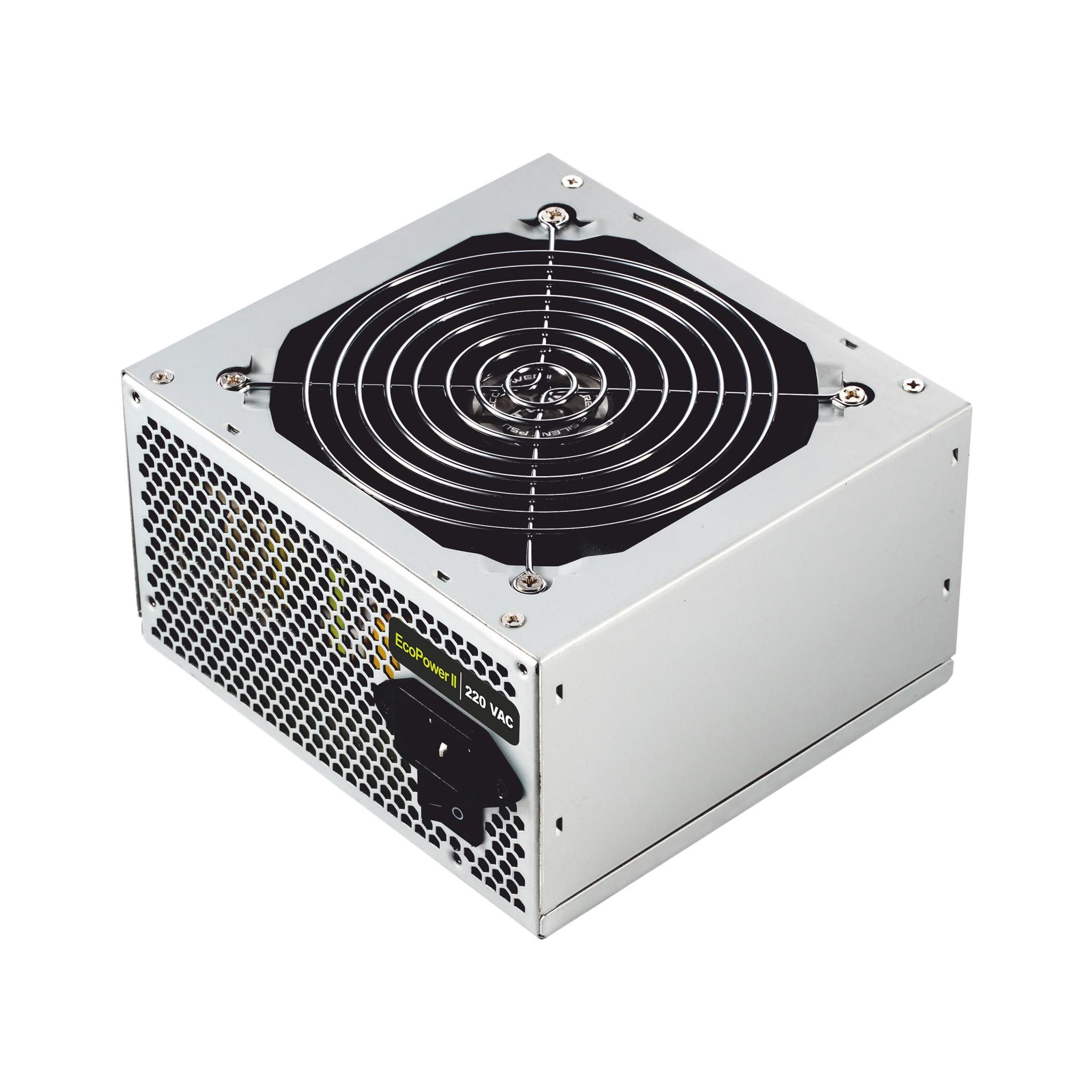 Alimentatore per computer argentato con ventola nera e viti.