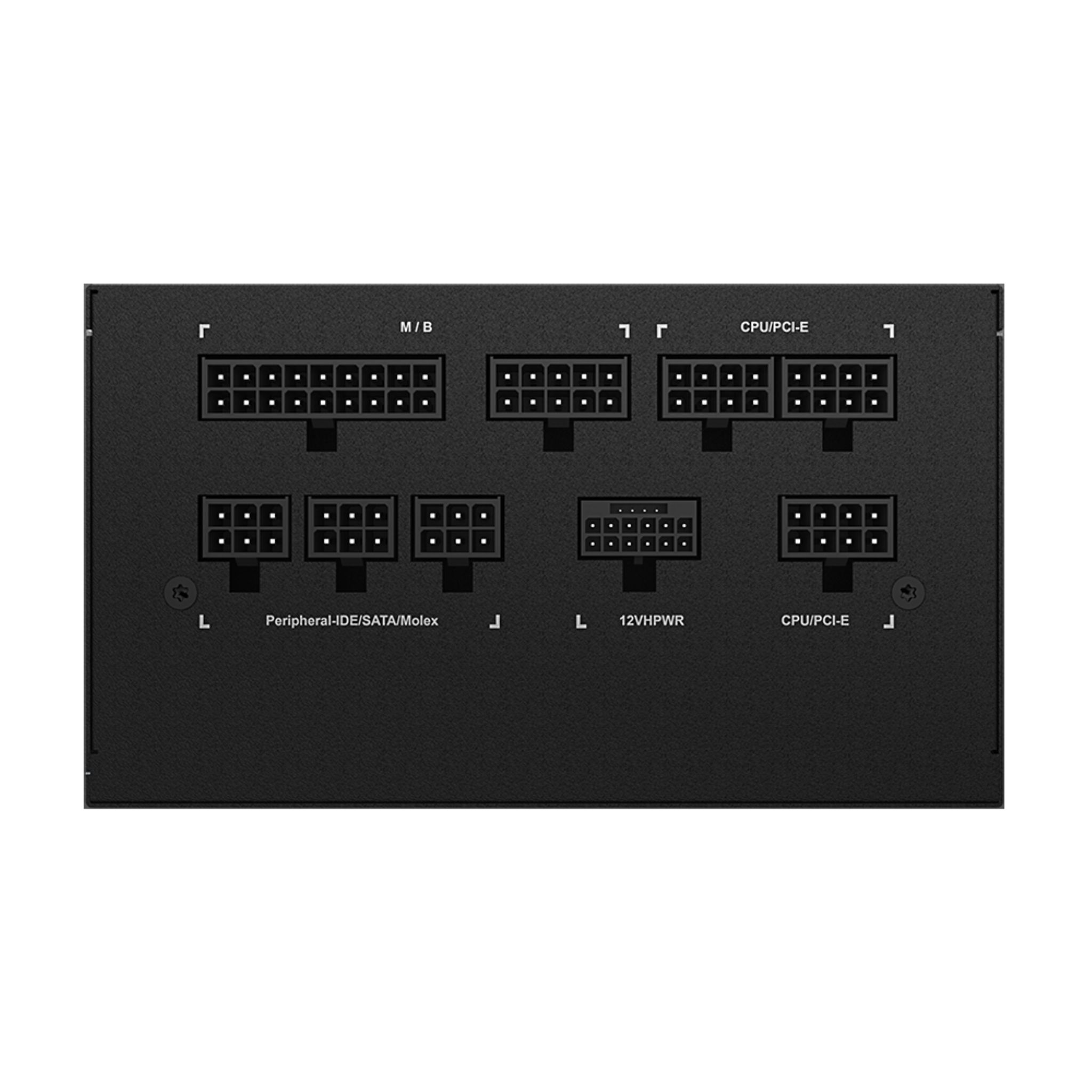 Black computer power supply with multiple ports labeled M/B, 12VHPWR, CPU/PCI-E, and Peripheral-IDE/SATA/Molex.