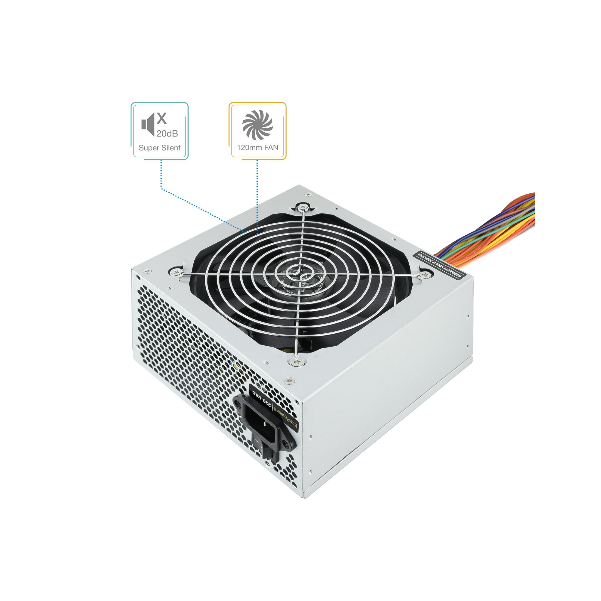 Un alimentatore per computer con una ventola e vari connettori, su sfondo bianco.